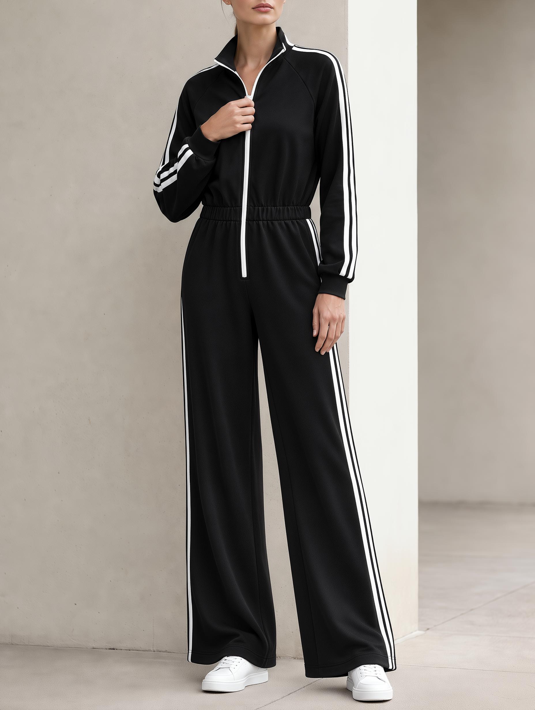 Women's Zip-Up Stripe Jumpsuit Wide Leg Tracksuit