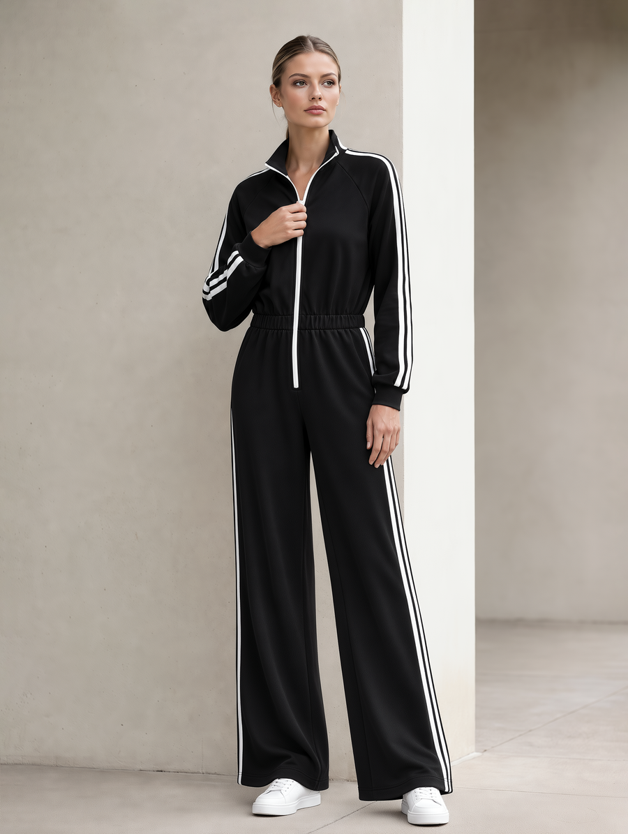Women's Zip-Up Stripe Jumpsuit Wide Leg Tracksuit