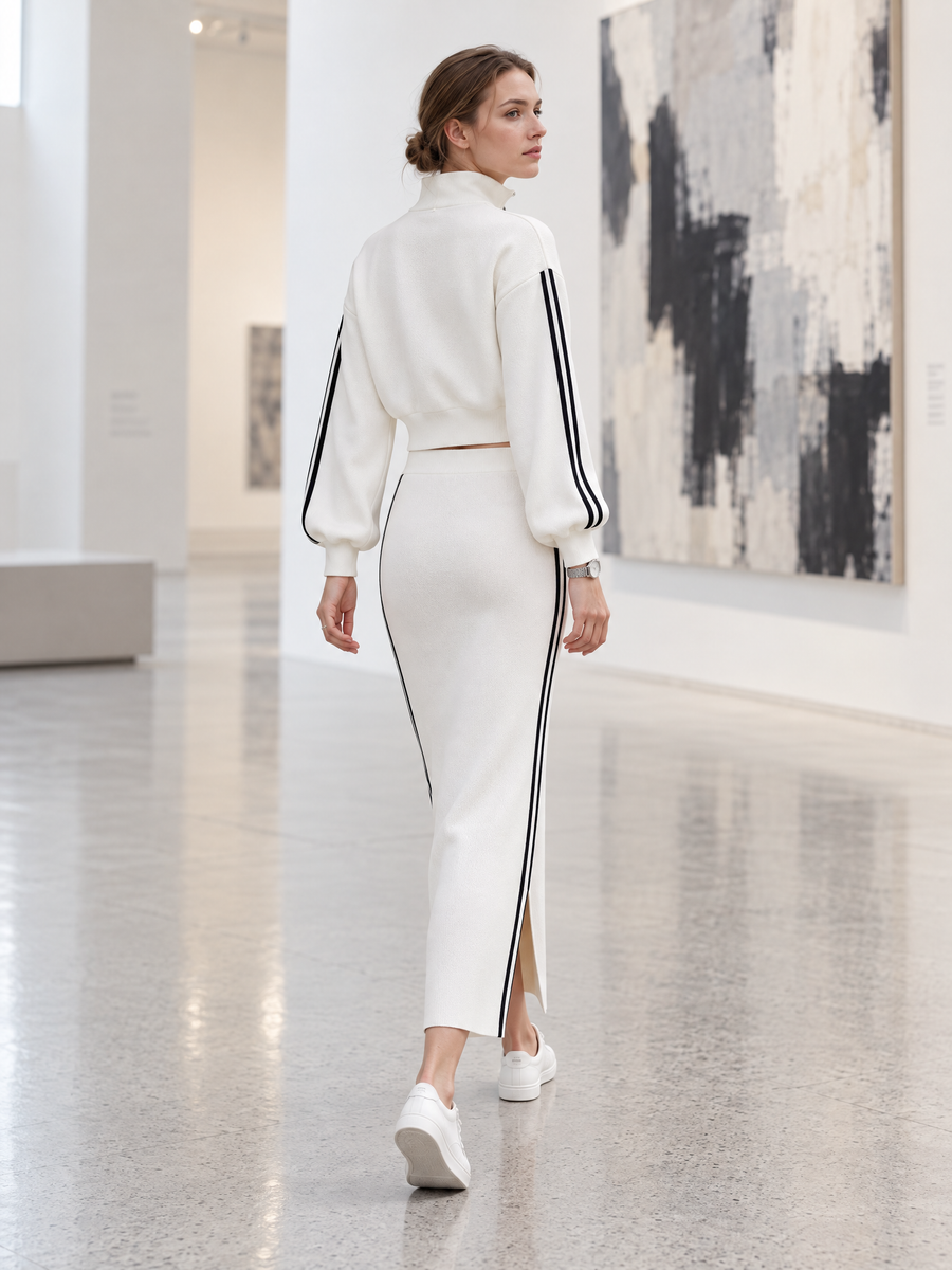White Zip-up Jacket And High-waisted Slit-detail Maxi Skirt Set