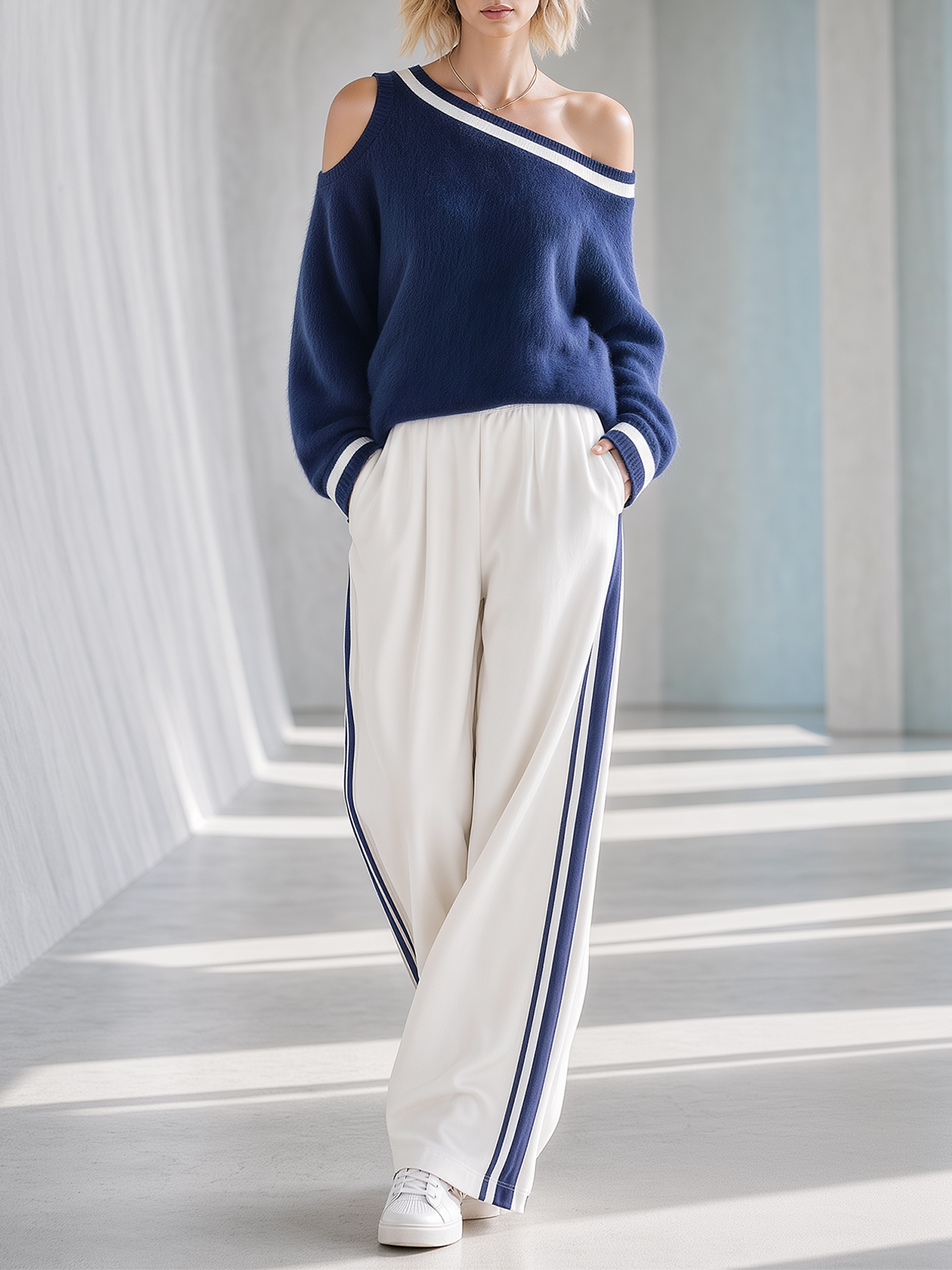 Navy Blue Color-block Off-shoulder Top And White Side-stripe Wide-leg Pants Set