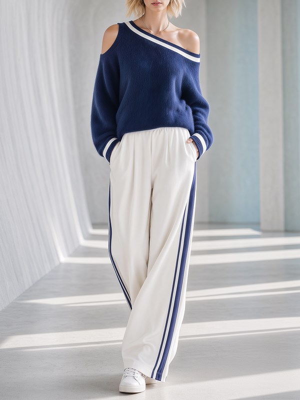 Navy Blue Color-block Off-shoulder Top And White Side-stripe Wide-leg Pants Set