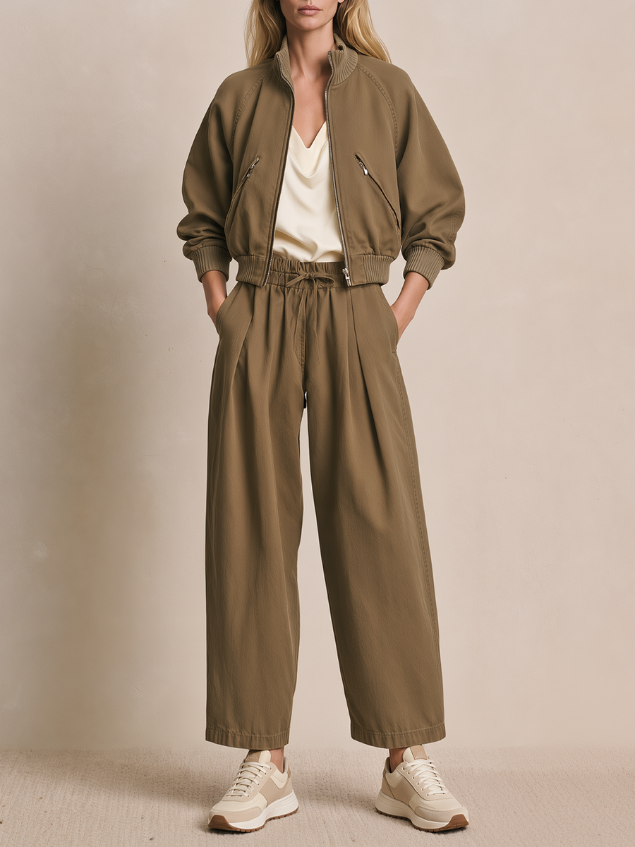Khaki-green Cropped Zip-up Jacket And Wide-leg Casual Trousers Set