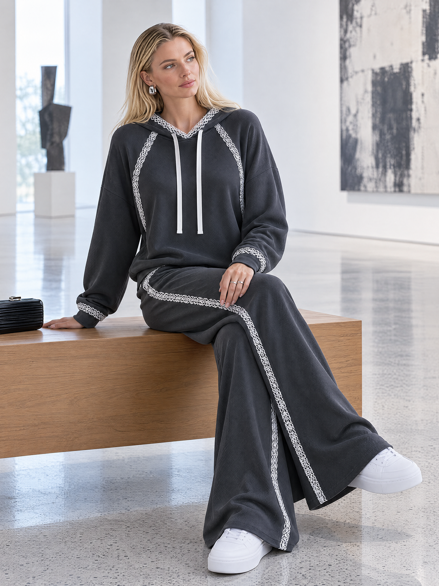 Dark Grey Lace-trimmed Hoodie And Wide-leg Trousers Set