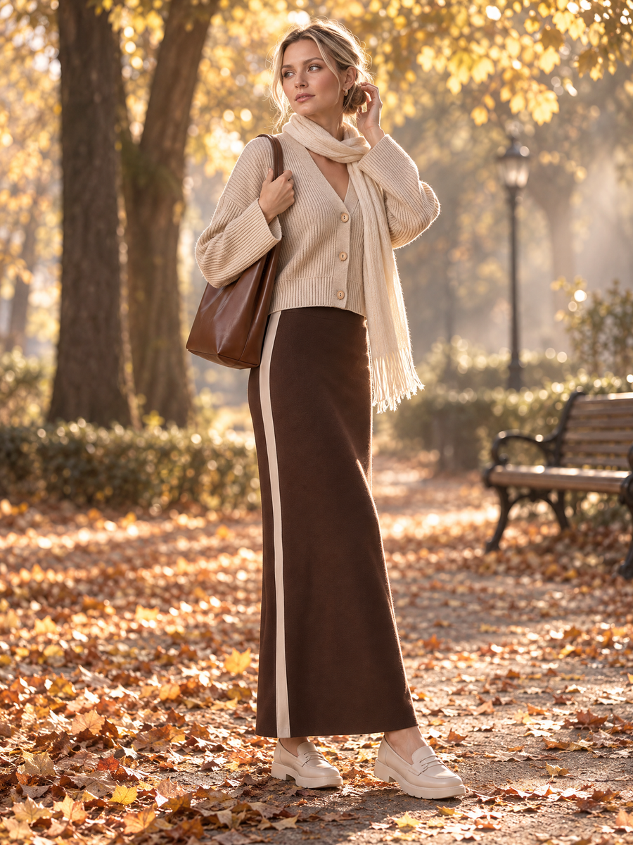 Khaki V-neck Cardigan And Brown Long Slit Skirt Set