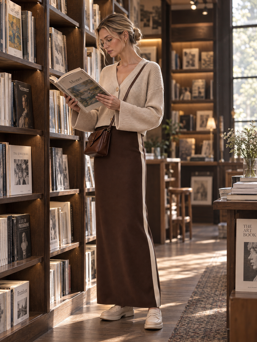 Khaki V-neck Cardigan And Brown Long Slit Skirt Set