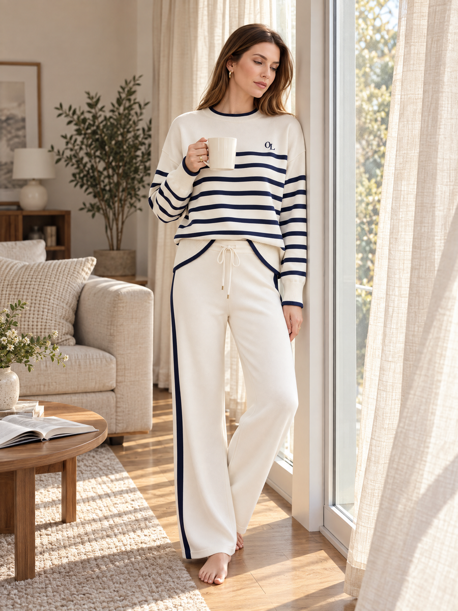 Navy Striped Knit Sweater And Wide-leg Trousers Set