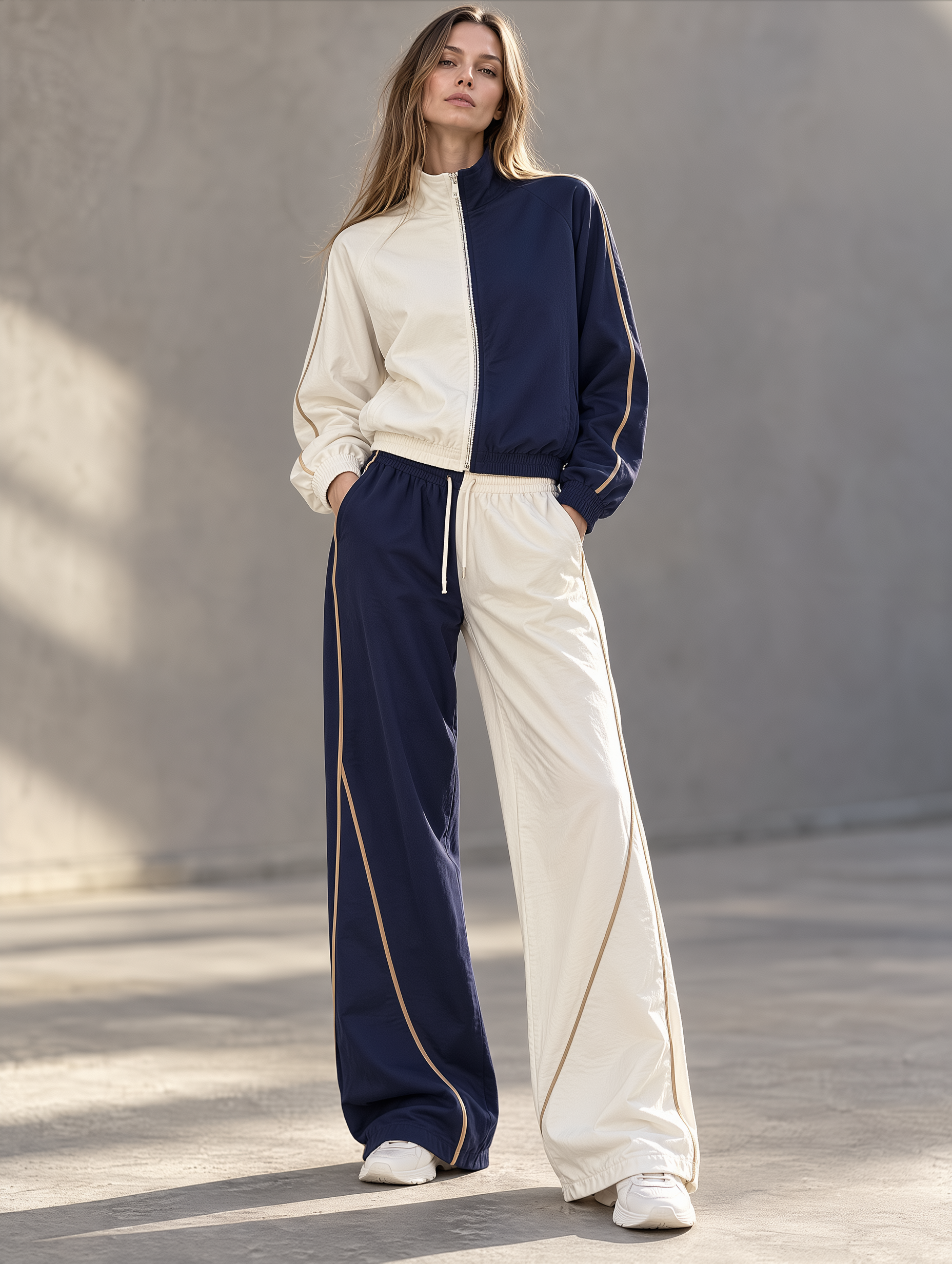 Stylish Sporty Navy And White Color-block Long-sleeve Jacket And Wide-leg Trousers Set
