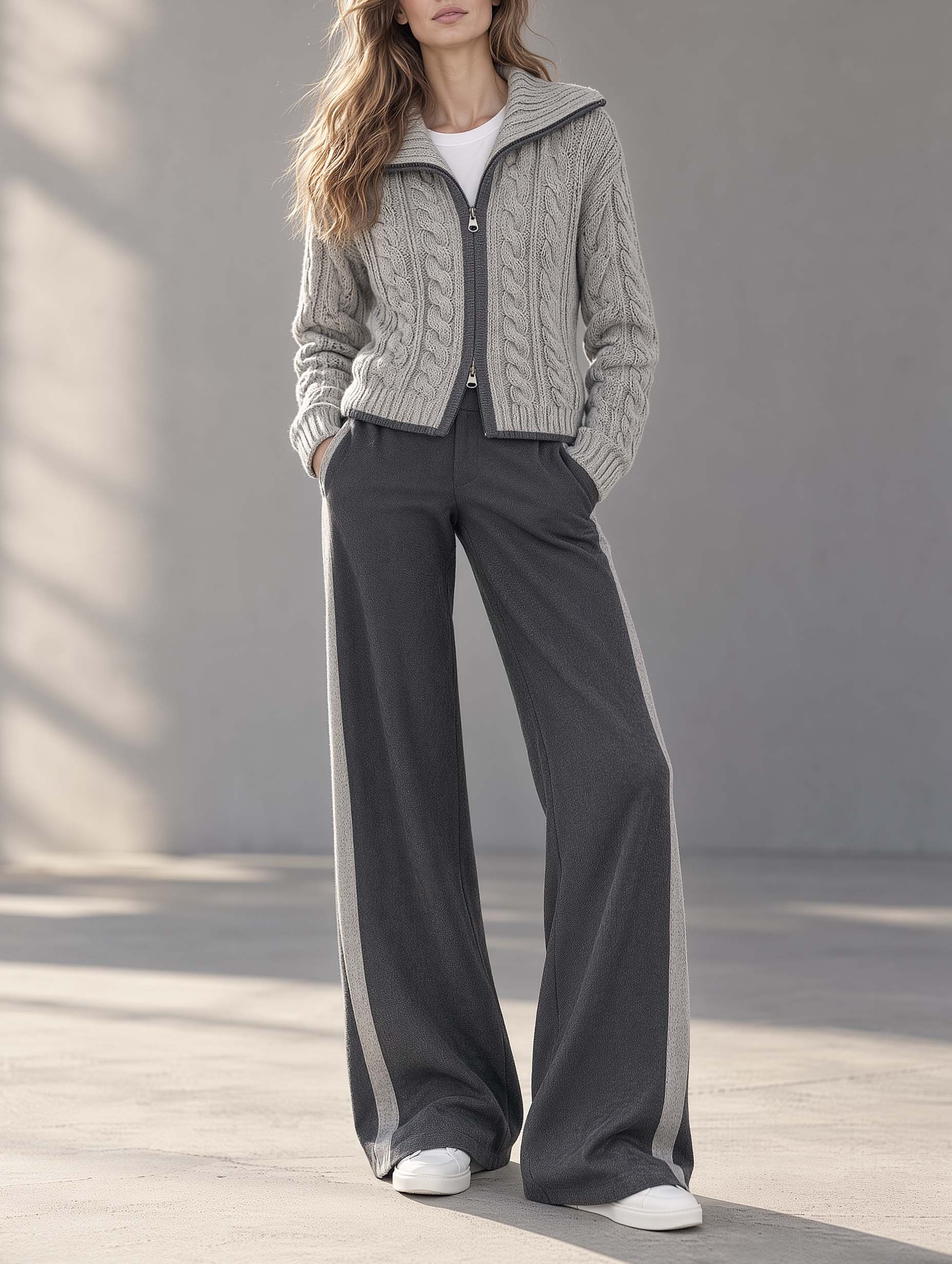 Stylish Grey Color-Block Long-Sleeve Cardigan And Wide-Leg Trousers Set