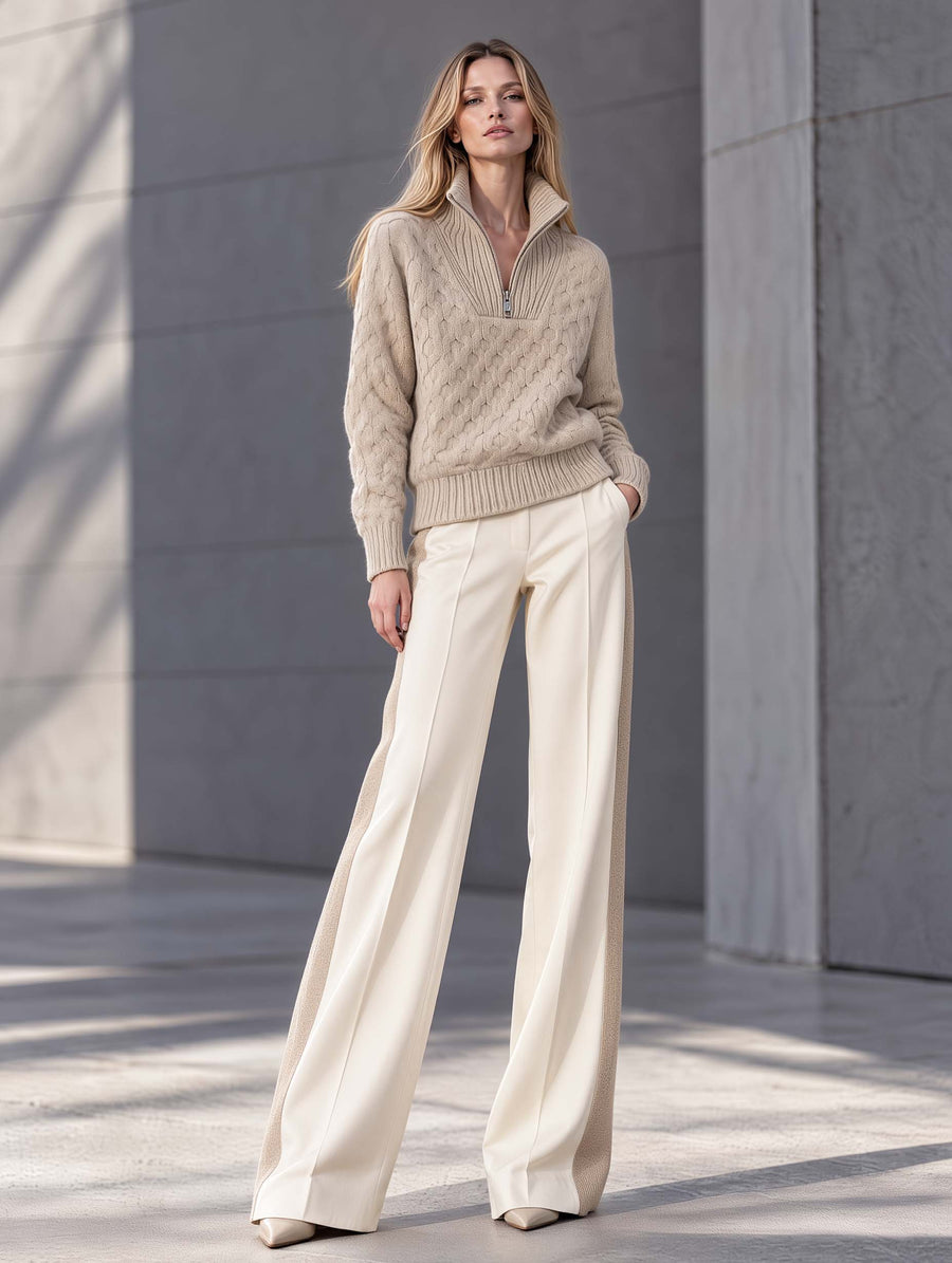 Stylish Casual Khaki Long-sleeve Sweater And White Color-block Trousers Set