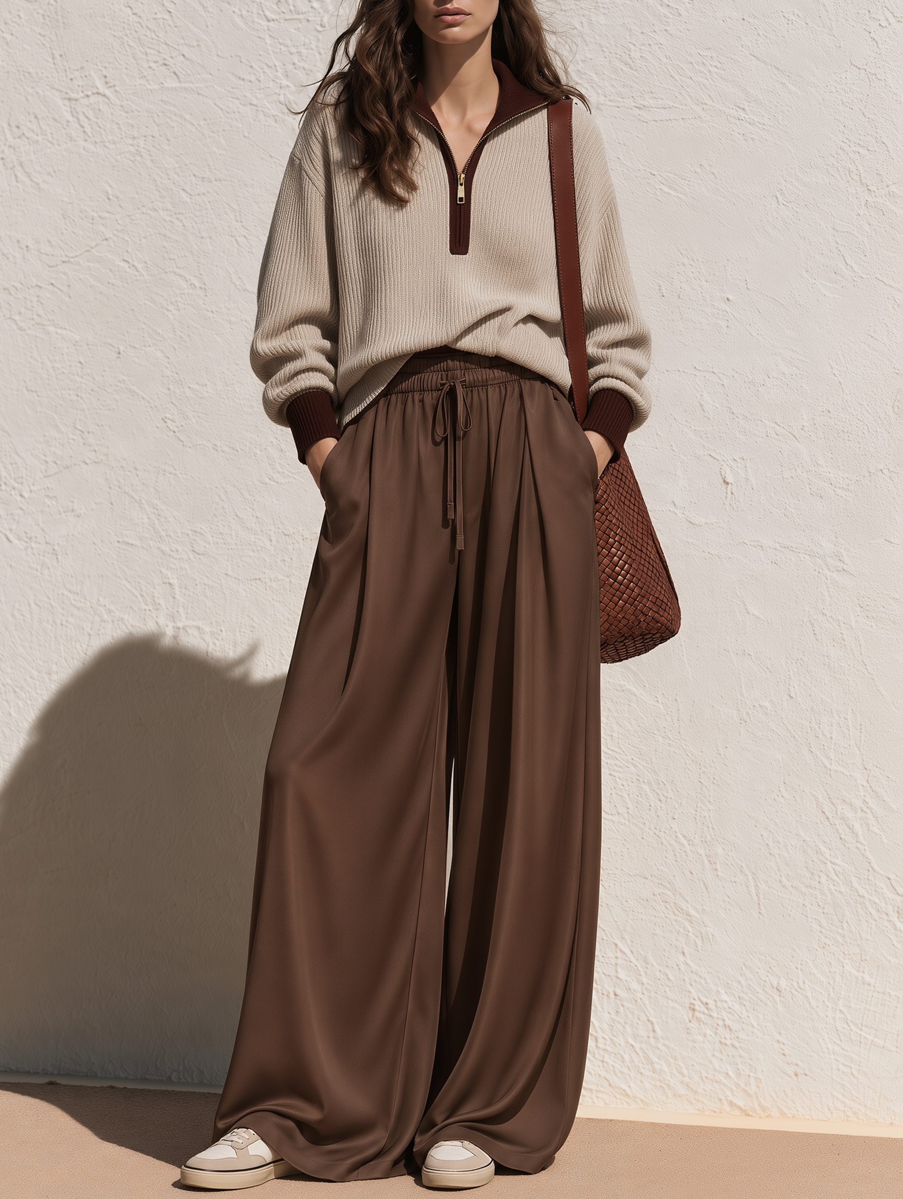 Brown Half-zip Sweater And Wide-leg Trousers Set With A Draped Fit