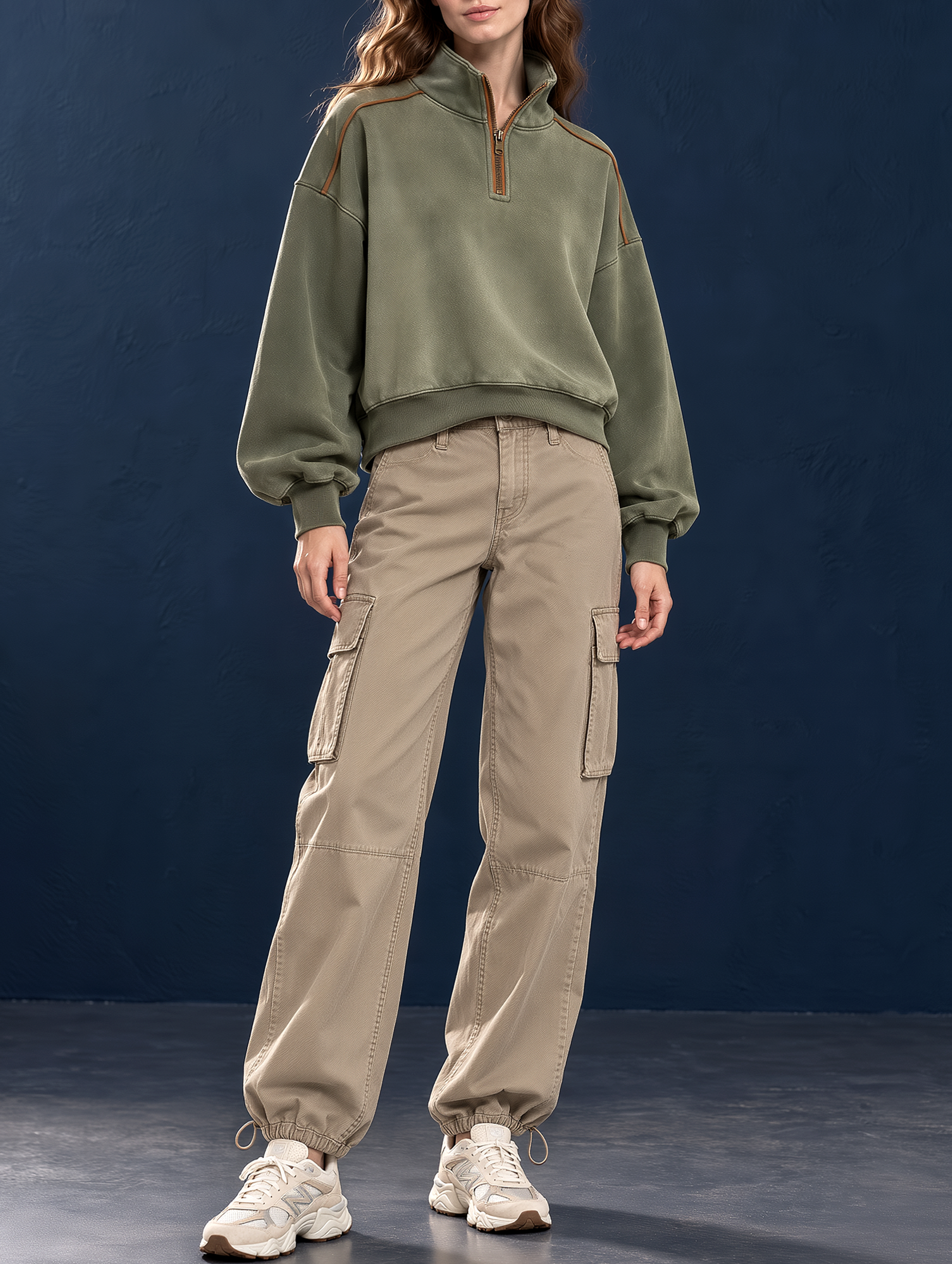 Retro Color-Block Half-Zip Sweatshirt And Cargo Joggers Set