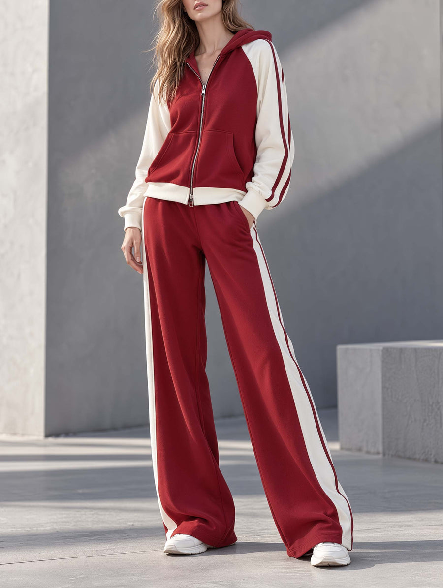 Athleisure-style Red And White Color-block Long-sleeve Hooded Jacket And Pants Set