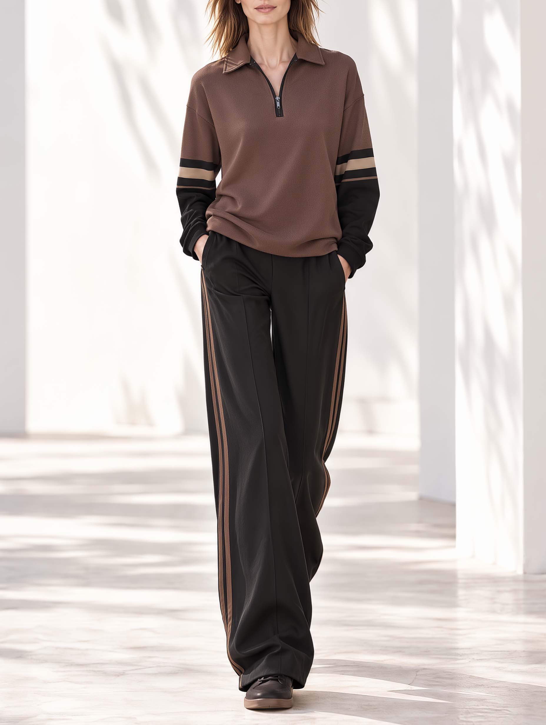 Black And Brown Color-block Long-sleeve Top And Trousers Set With Half-zip Collar