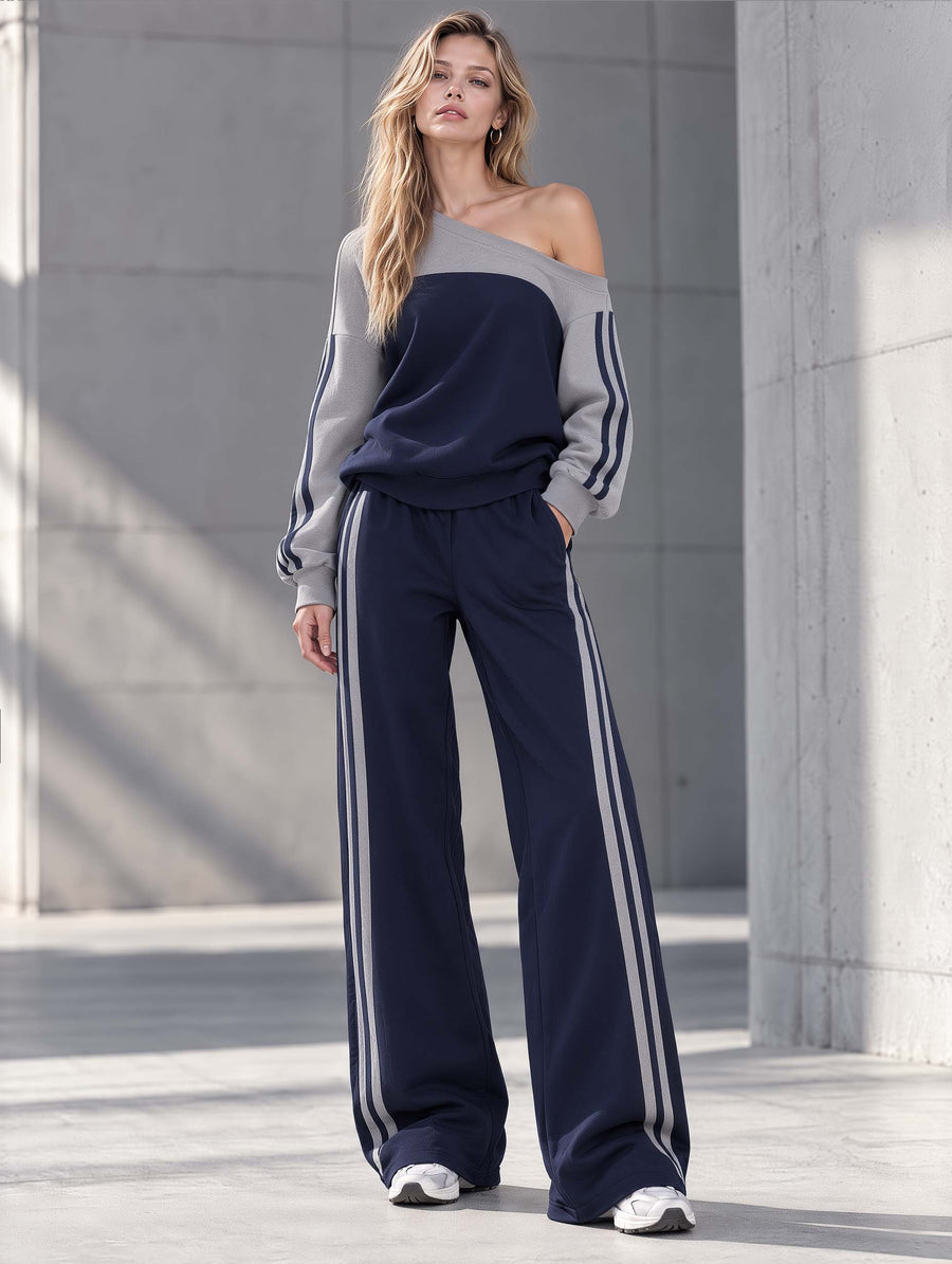 Stylish Navy And Grey Color-Block One-Shoulder Long-Sleeve Top And Wide-Leg Pants Set