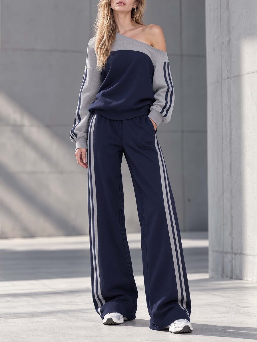Stylish Navy And Grey Color-Block One-Shoulder Long-Sleeve Top And Wide-Leg Pants Set