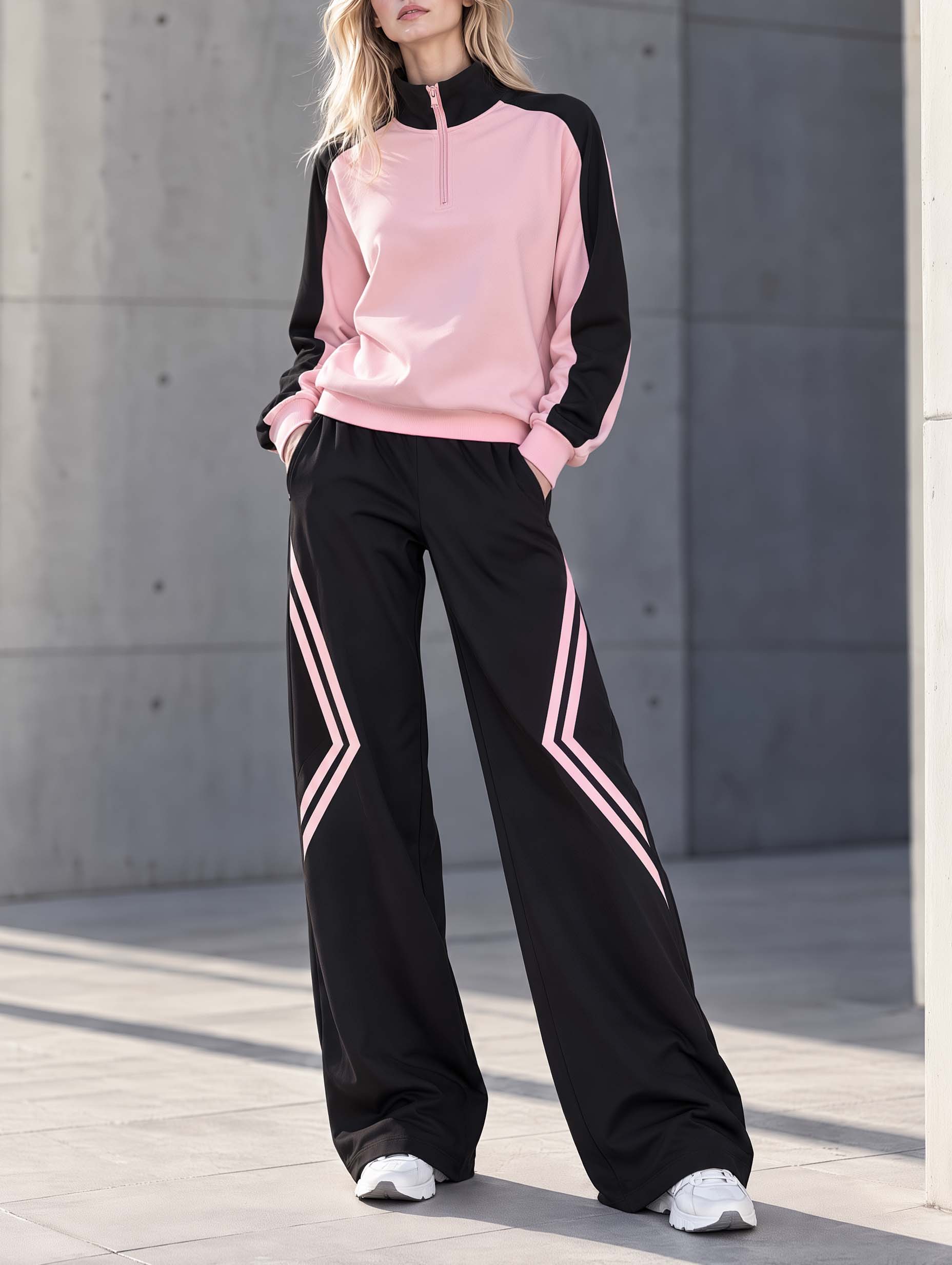 Athleisure-style Pink And Black Color-block Long-sleeve Half-zip Top And Pants Set