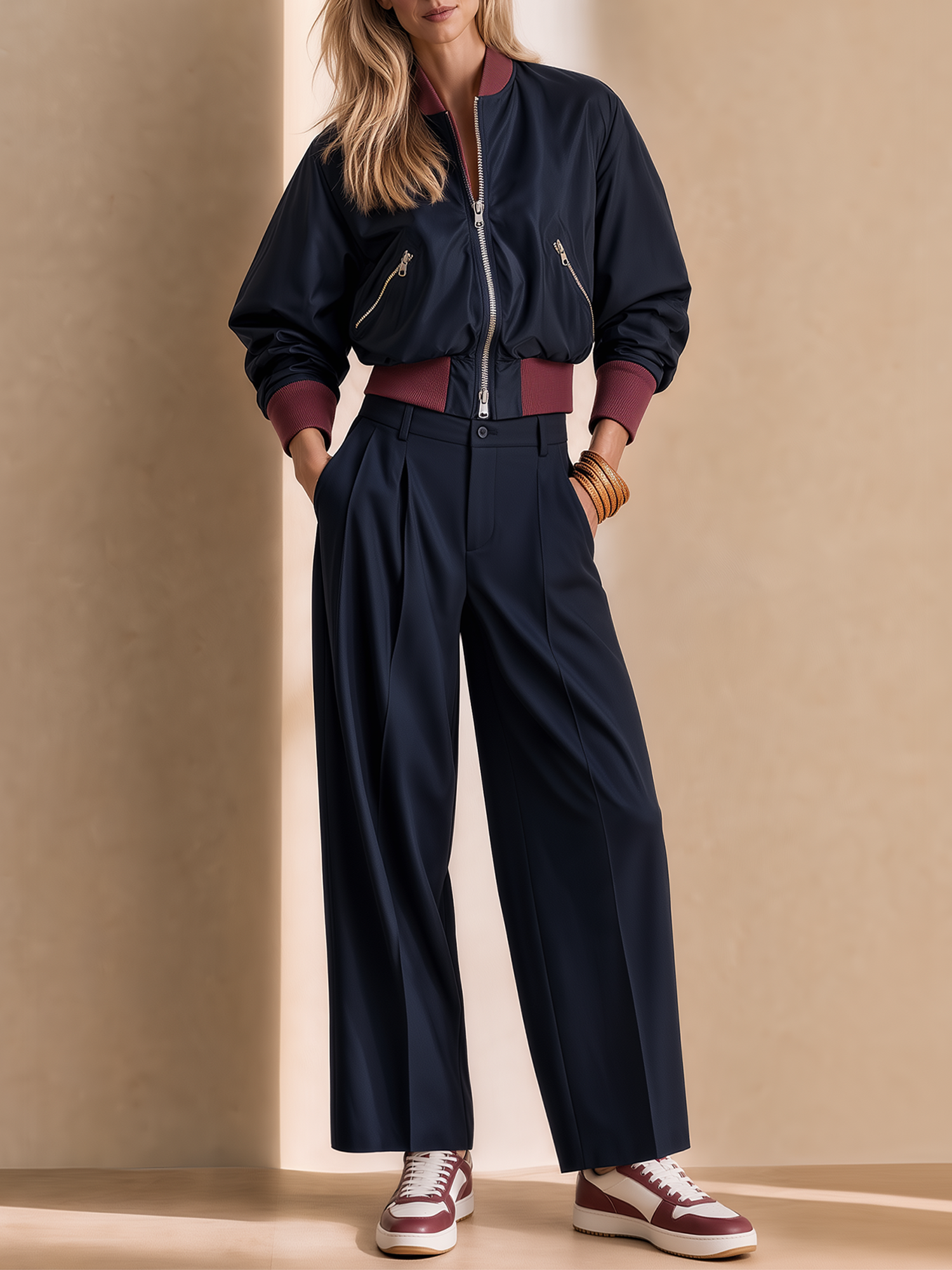 Navy & Burgundy Cropped Bomber Jacket & High Waist Pleated Wide Leg Trousers Set
