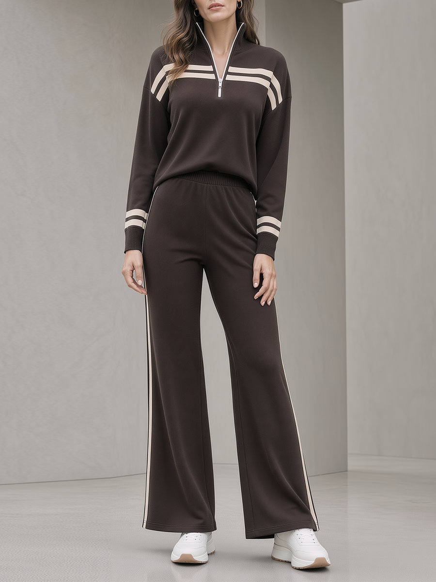 Brown Half Zip Stand Collar Striped Sweatshirt & Side Stripe Flare Pants Set