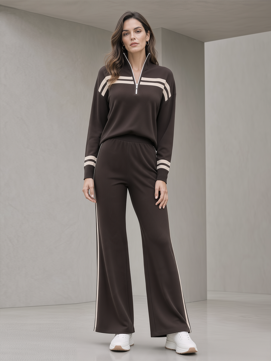 Brown Half Zip Stand Collar Striped Sweatshirt & Side Stripe Flare Pants Set