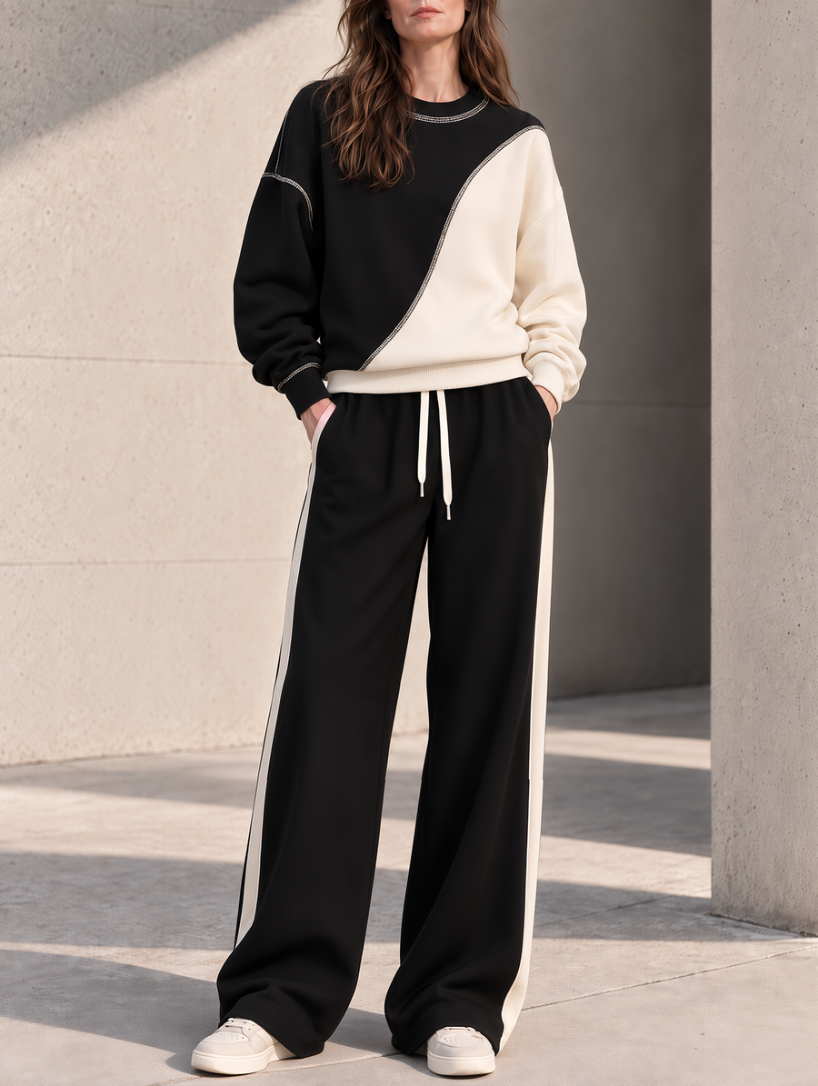 Stylish Color-Block Sweatshirt And Wide-Leg Sweatpants Set