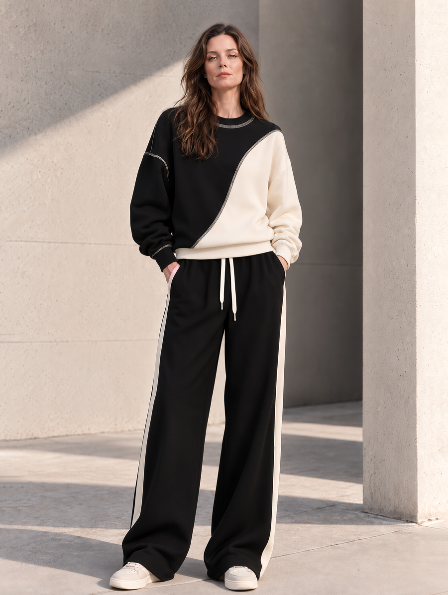 Stylish Color-Block Sweatshirt And Wide-Leg Sweatpants Set