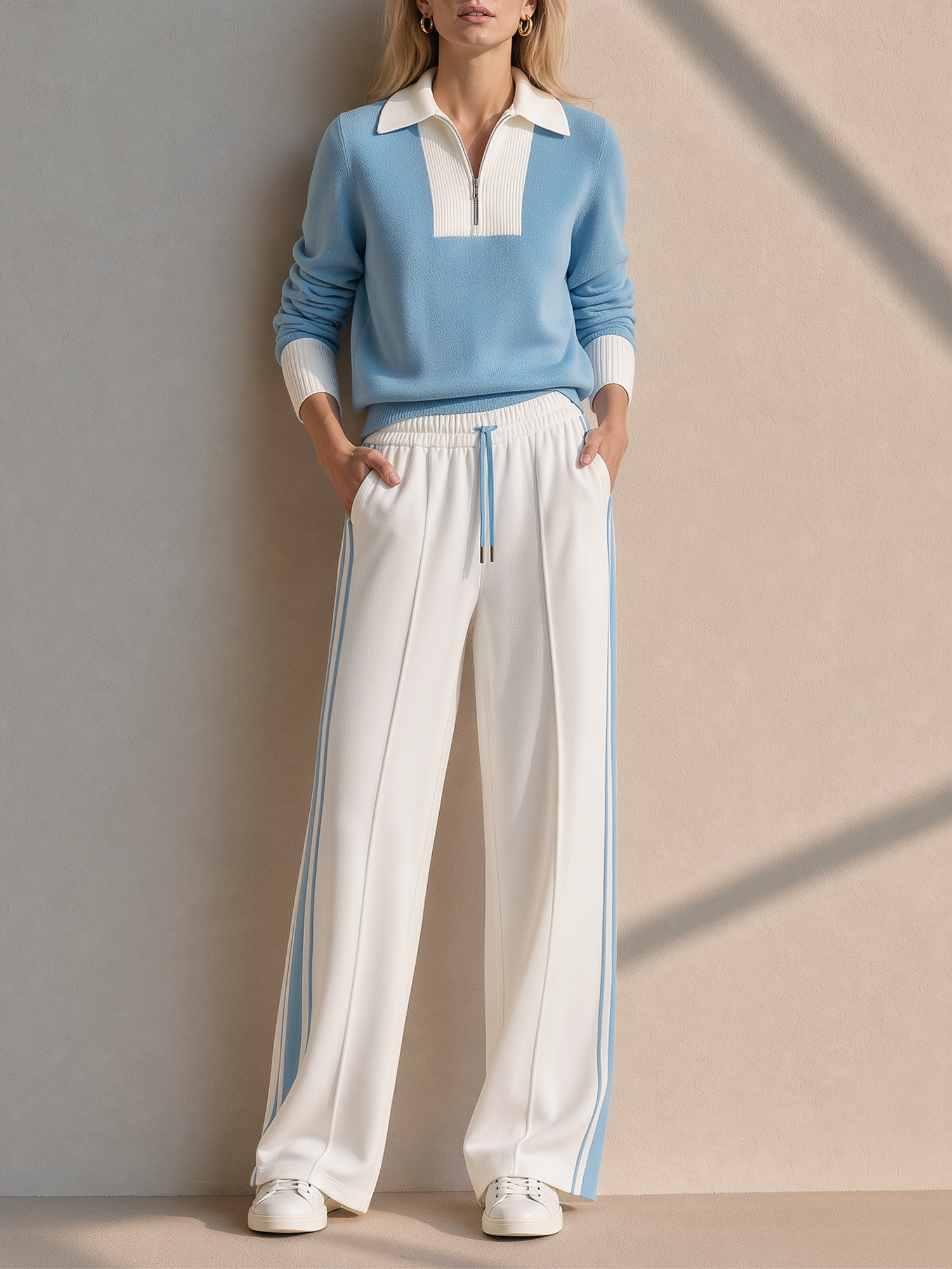 Light Blue Color-block Half-zip Knit Top And Side-stripe Wide-leg Pants Set