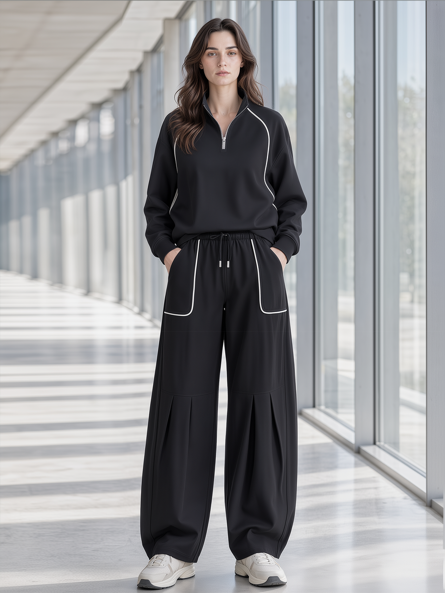 Black Half Zip Stand Collar Sweatshirt & Pleated Wide Leg Pants Set