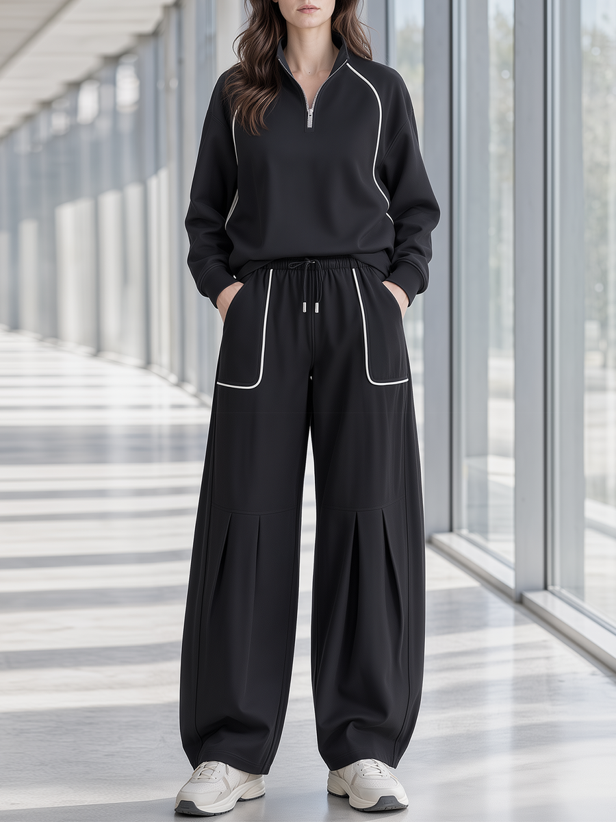Black Half Zip Stand Collar Sweatshirt & Pleated Wide Leg Pants Set