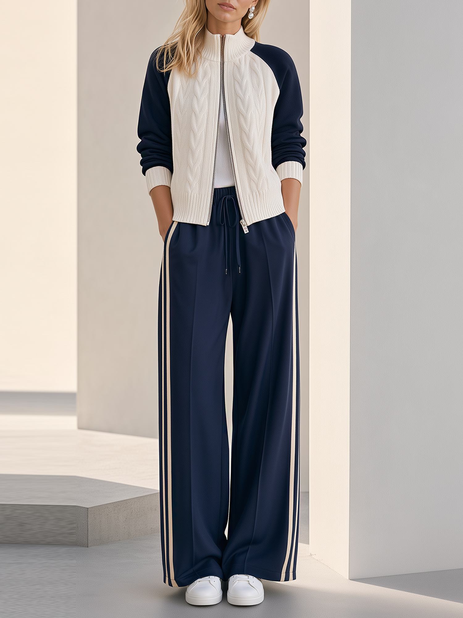 Navy & White Cable Knit Zip Cardigan & Side Stripe Wide Leg Pants Set