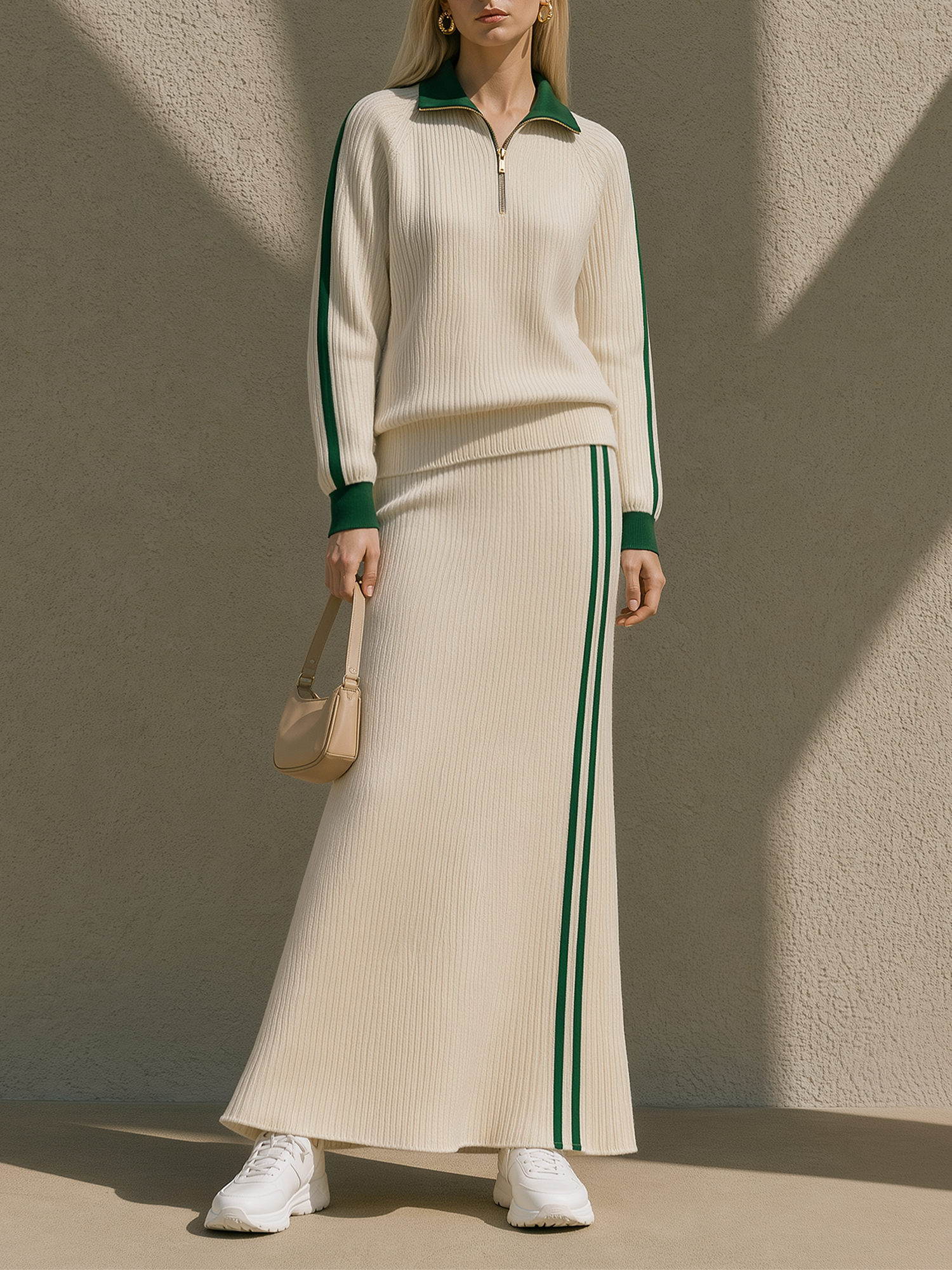 Beige And Green Half-zip Knit Top And Side-stripe Knit Maxi Skirt Set