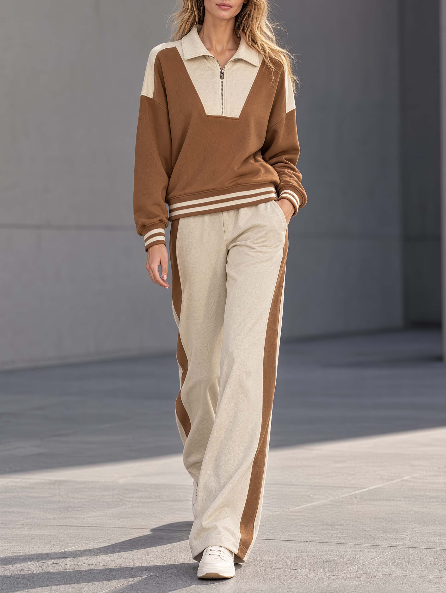 Stylish Casual Brown Color-Block Long-Sleeve Top And Pants Set With Half-Zip Collar
