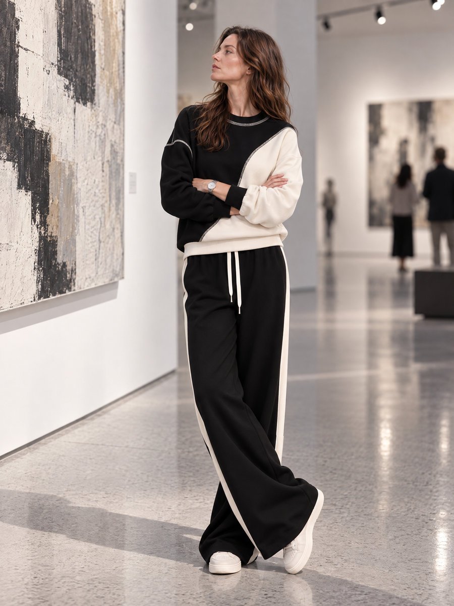 Stylish Color-Block Sweatshirt And Wide-Leg Sweatpants Set