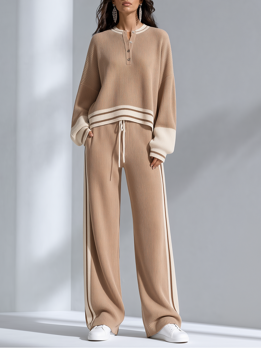 Light Brown Color-block Henley Knit Top And Side-stripe Wide-leg Knit Pants Set