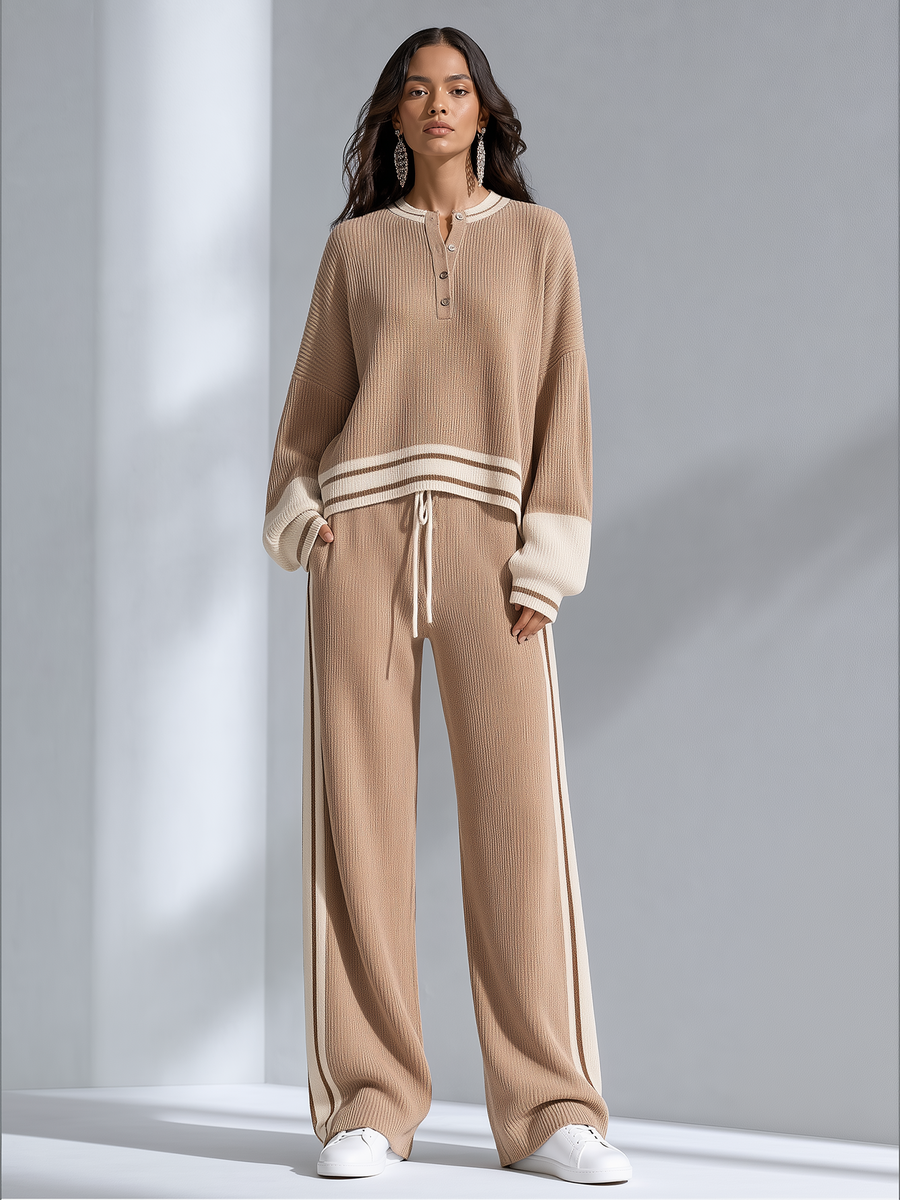 Light Brown Color-block Henley Knit Top And Side-stripe Wide-leg Knit Pants Set