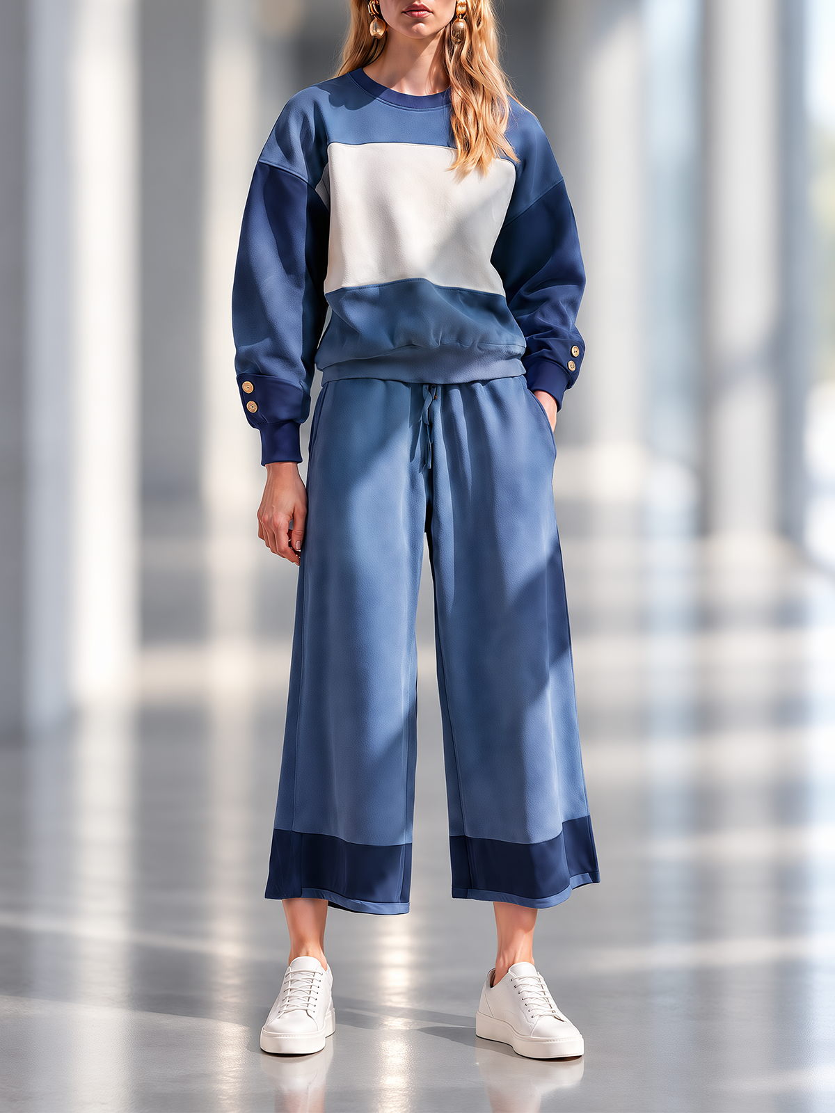 Navy Color-Block Crew-Neck Sweatshirt & Wide-Leg Pants Set