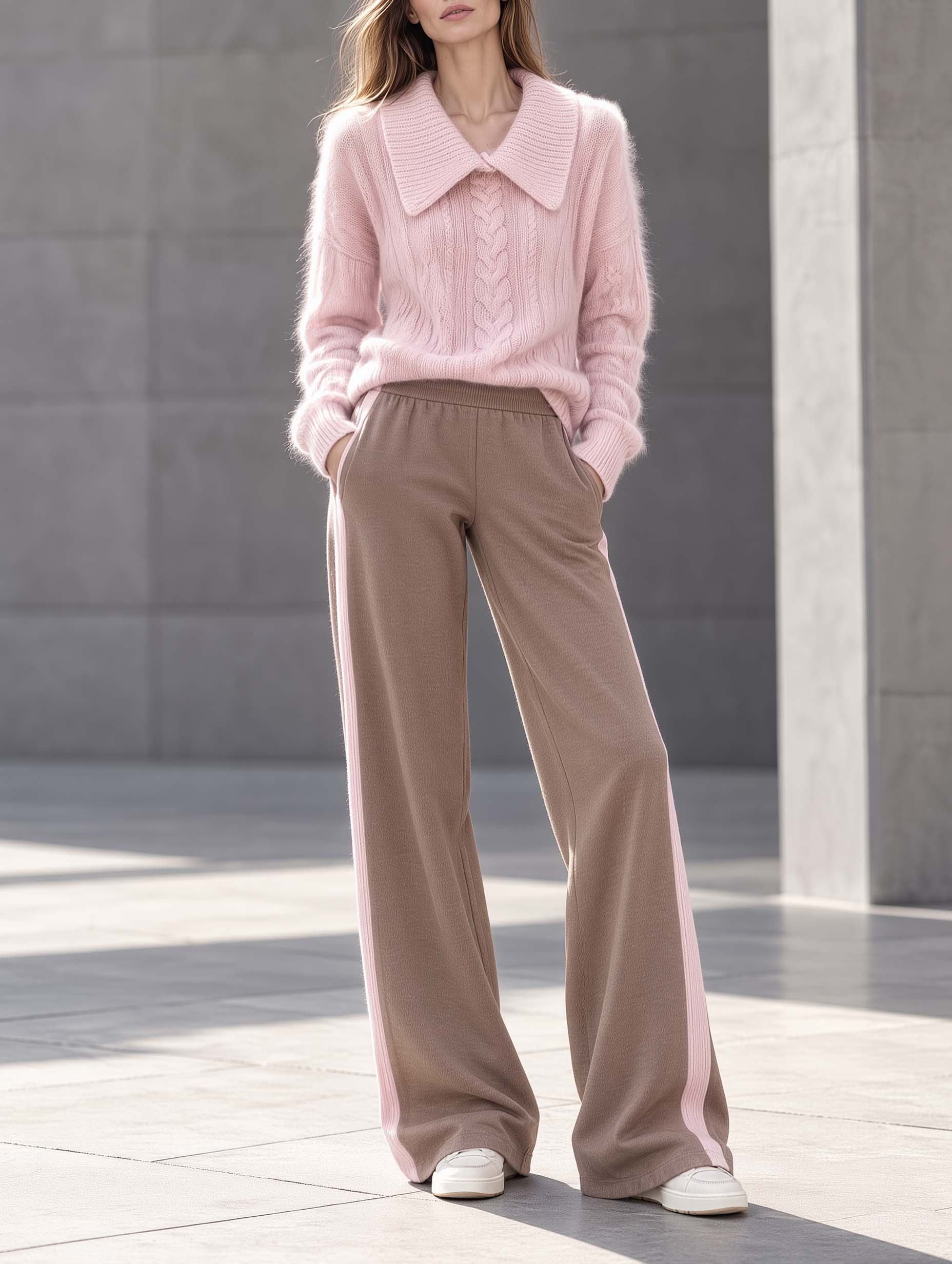 Chic And Soft-style Pink Collared Long-sleeve Sweater And Brown Color-block Trousers Set