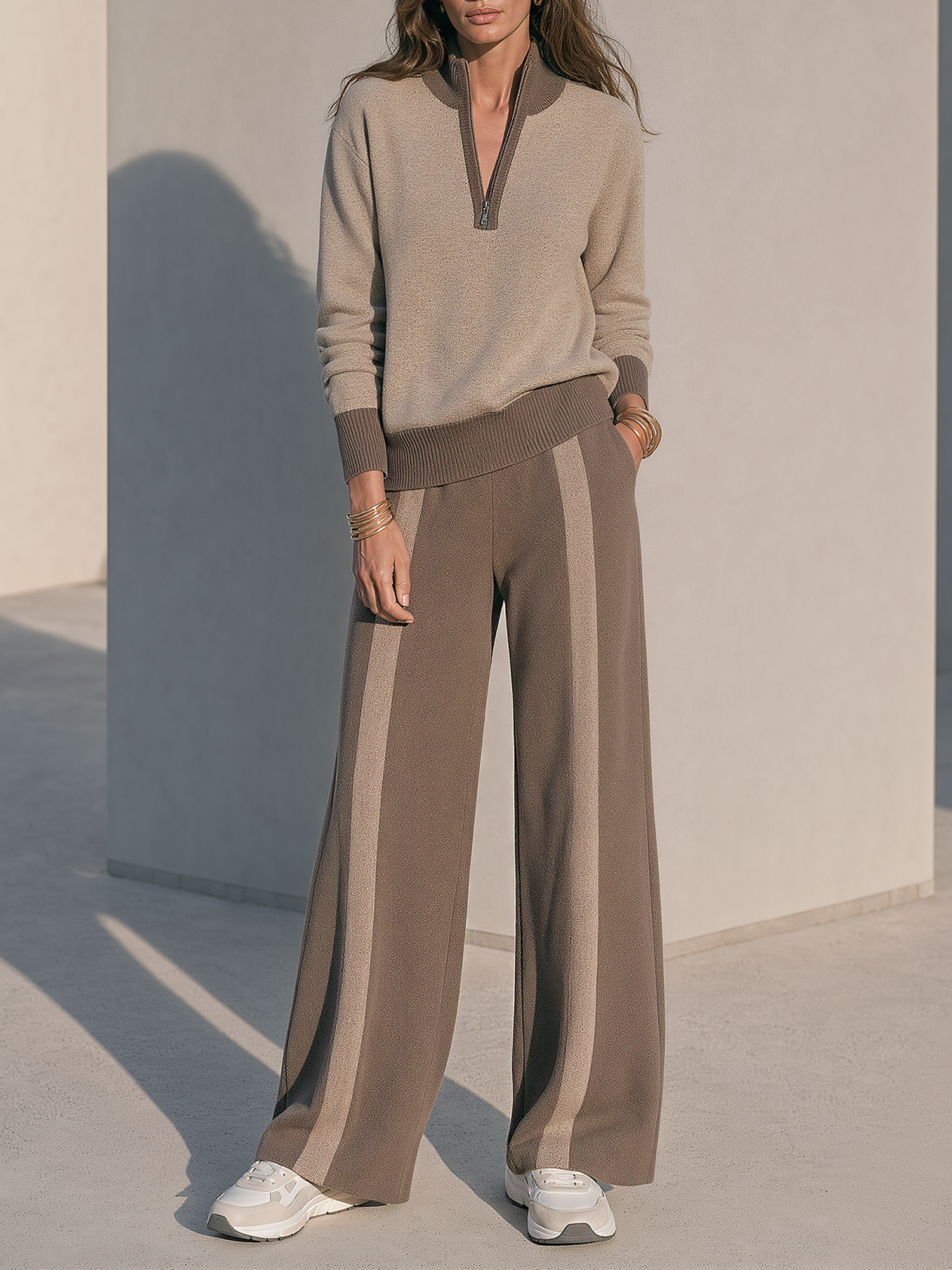 Oatmeal-brown Half-zip Color-block Knit Top And Vertical-stripe Wide-leg Trousers Set
