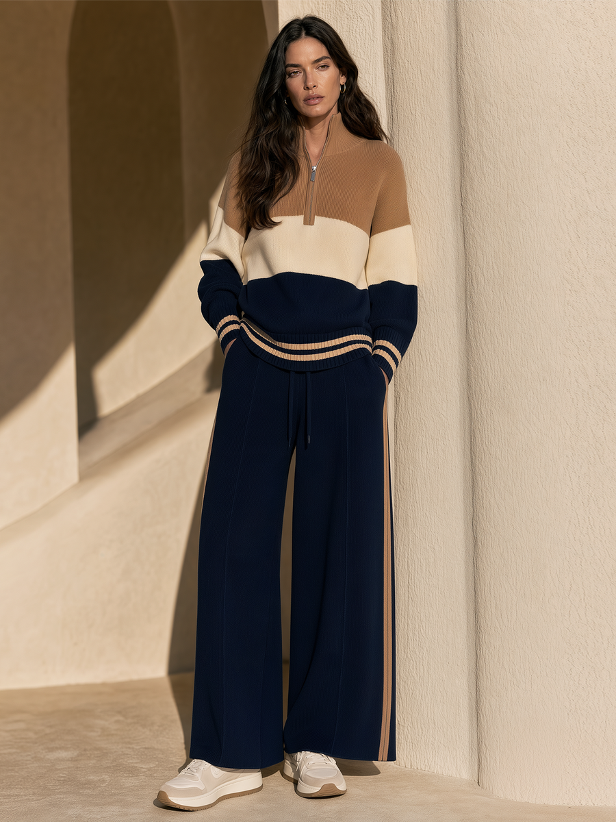 Color-block Half-zip Mock-neck Knit Top And Navy Wide-leg Trousers Set
