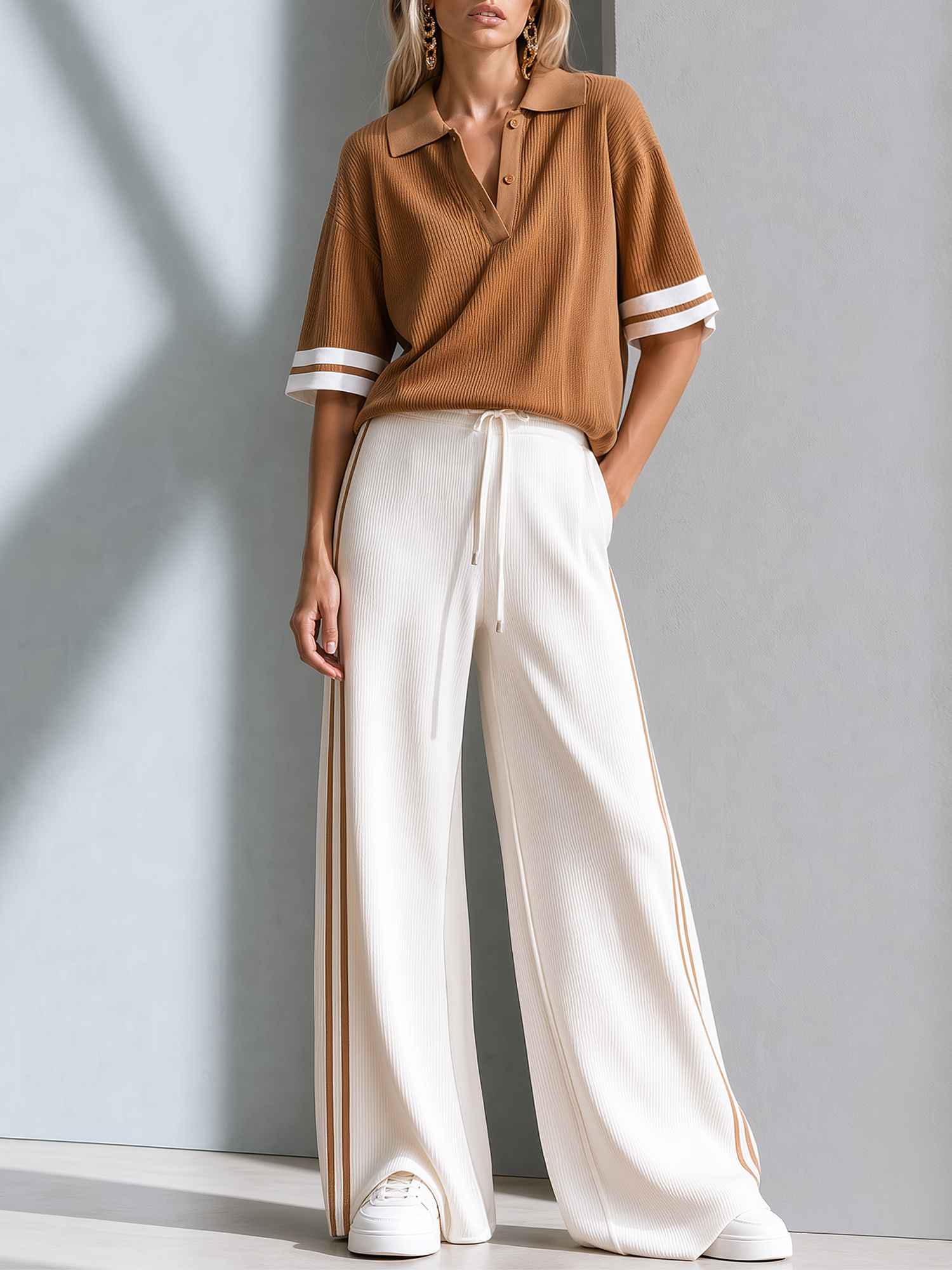 Brown Color-block Short-sleeved Knit Polo Shirt And White Trousers Set