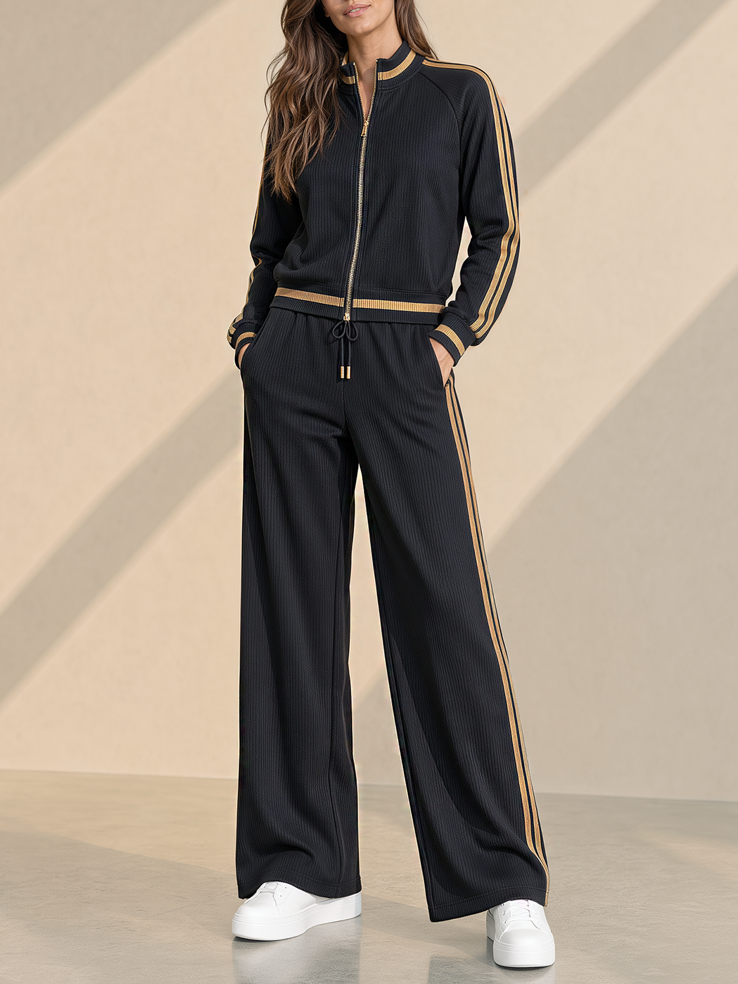 Black And Gold Striped Ribbed Stand-collar Jacket And Casual Trousers Set