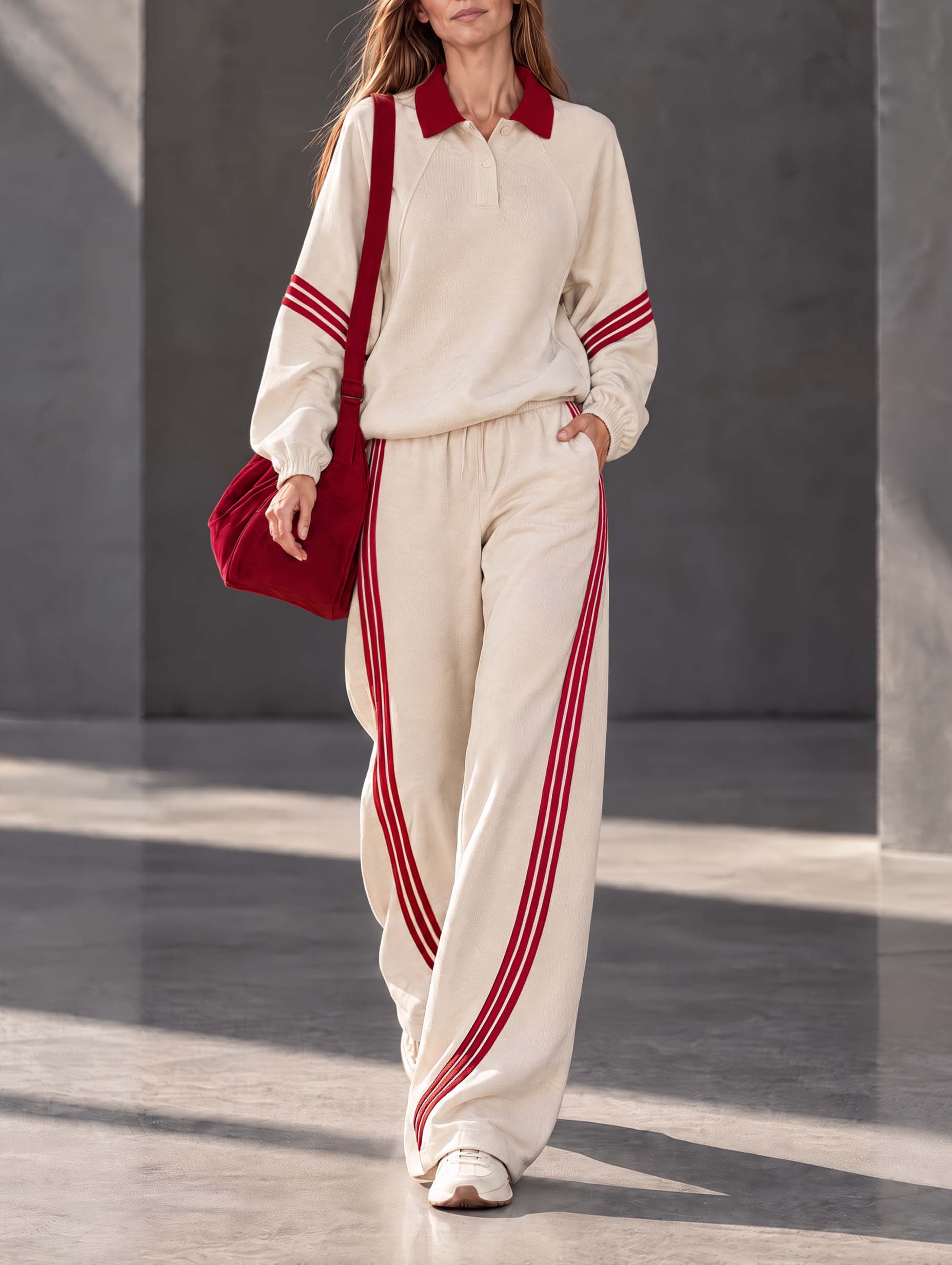Sporty-chic Off-white And Red Color-block Long-sleeve Top And Wide-leg Trousers Set