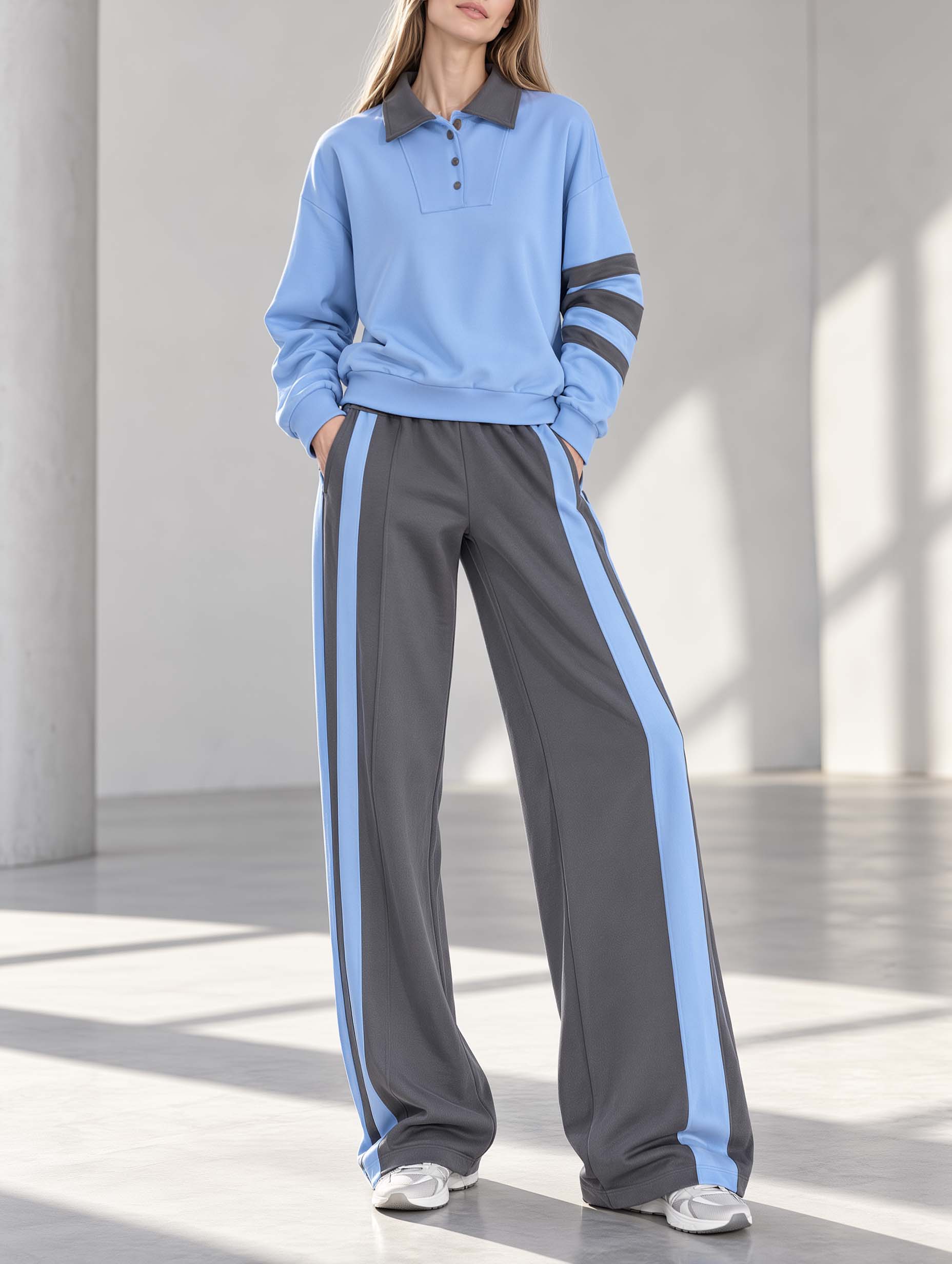 Stylish Casual Blue And Grey Color-block Long-sleeve Collared Top And Wide-leg Pants Set