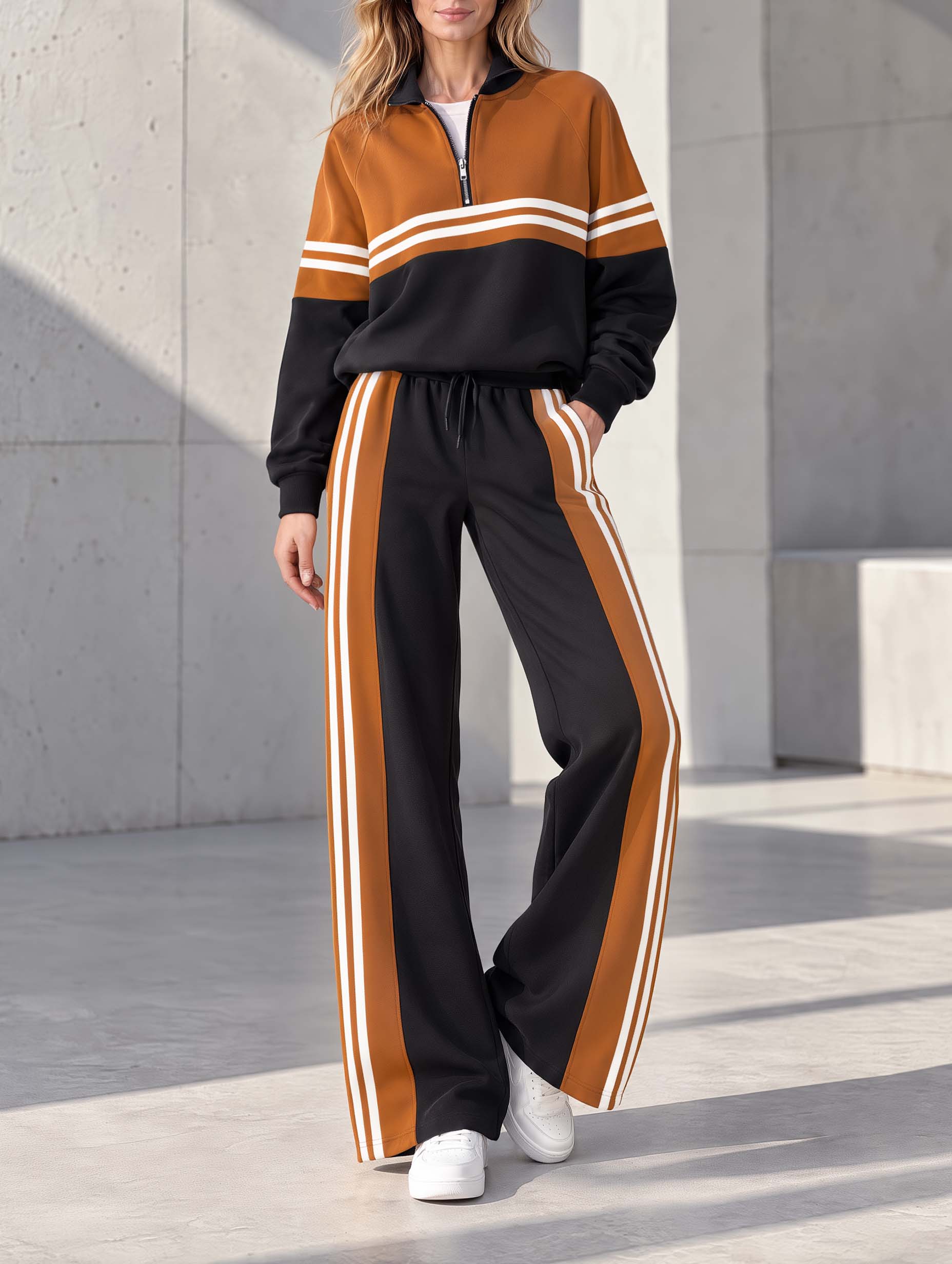 Stylish Black And Brown Color-Block Long-Sleeve Half-Zip Top And Wide-Leg Pants Set