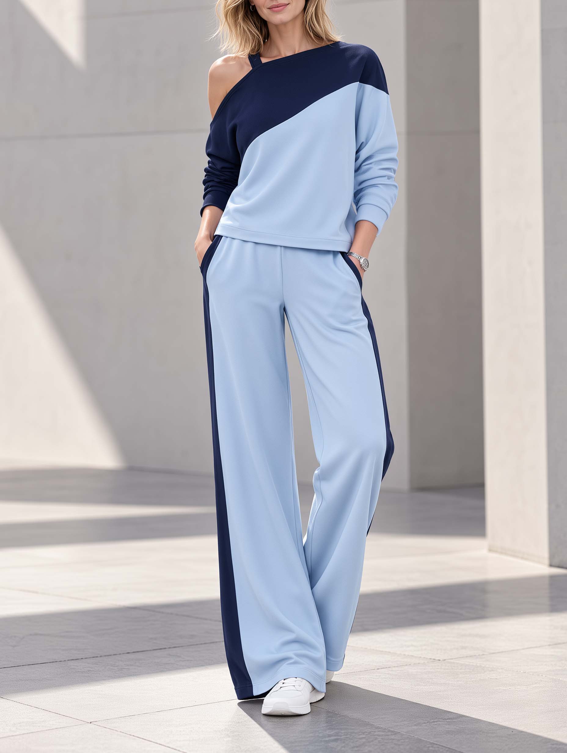 Stylish And Minimalist Blue Color-block Off-shoulder Long-sleeve Top And Trousers Set
