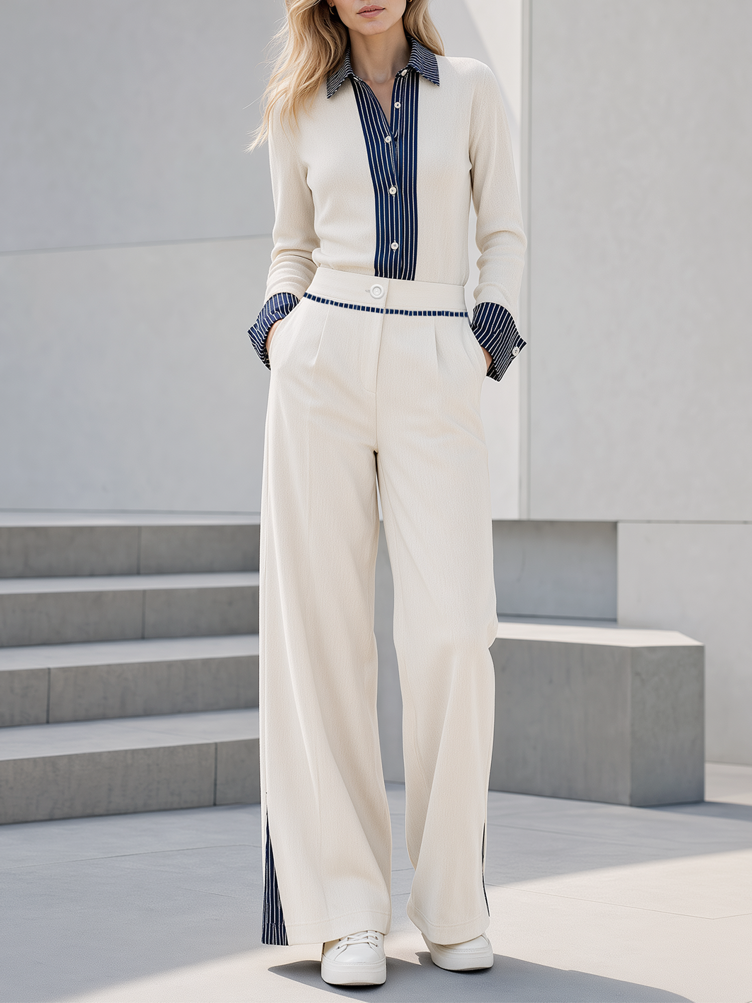 Beige And Striped Fake Two-Piece Knit Top And Side-slit Trousers Set