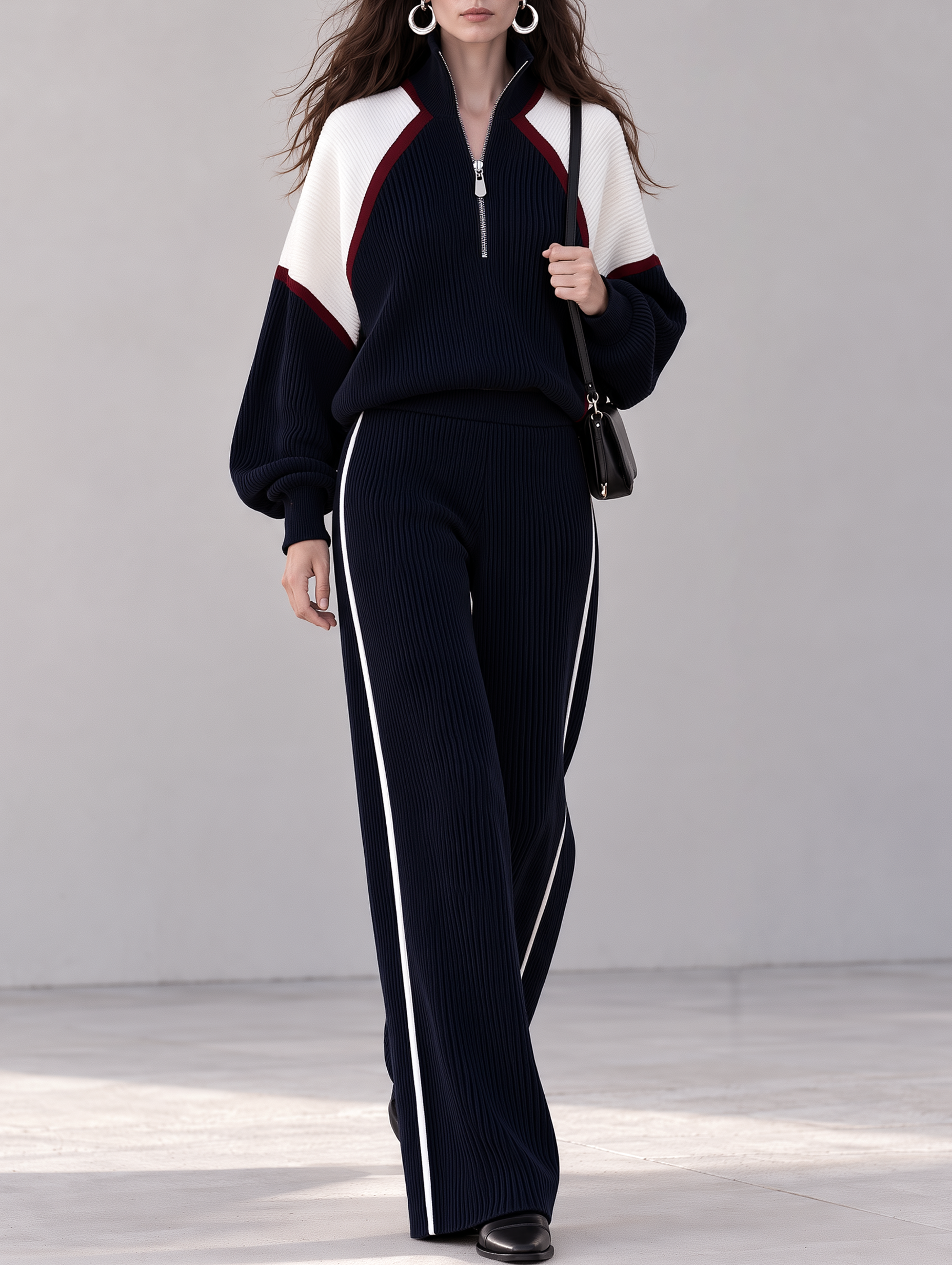 Navy Ribbed Half-Zip Sweatshirt And Wide-Leg Pants Set