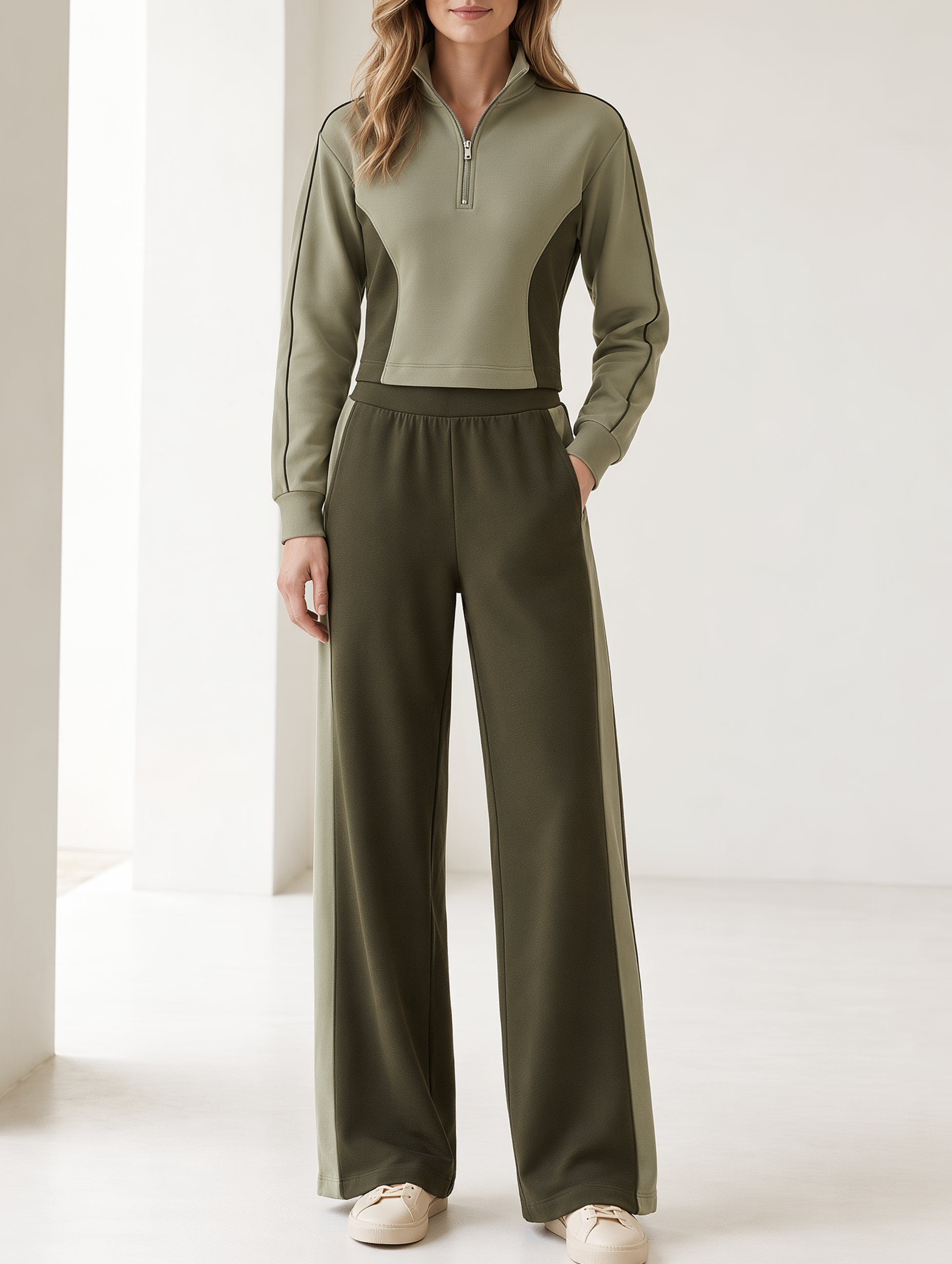 Green Color-block Half-zip Sweatshirt And Wide-leg Pants Set