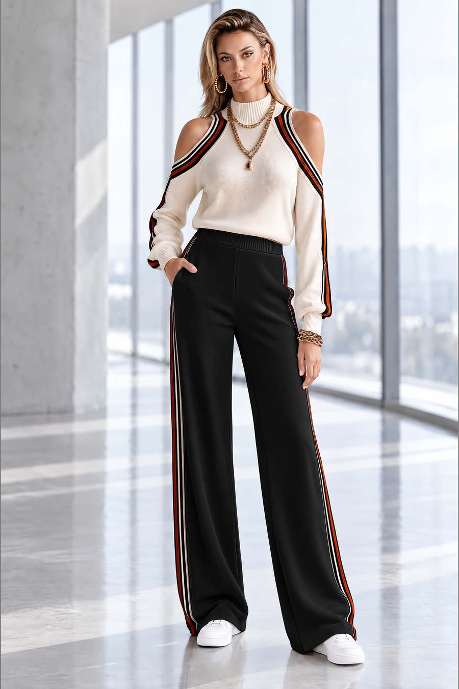 Cream Cold-Shoulder Varsity Stripe Top And Wide-Leg Pants Set