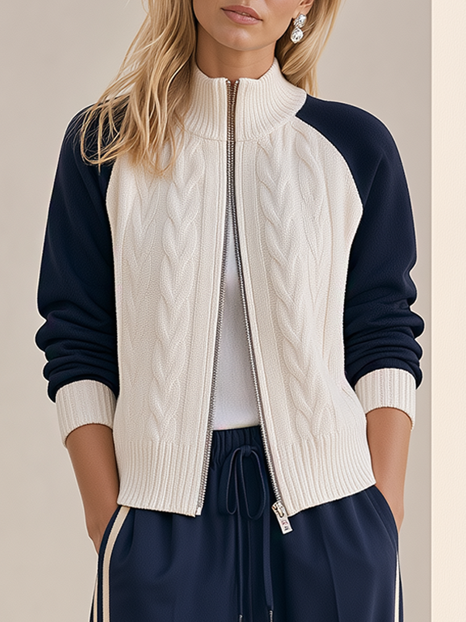Stylish Navy Blue And White Cable-knit Zip-up Cardigan