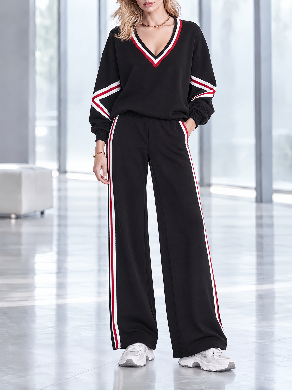 Brown Argyle Half-Zip Knit Top And Wide-Leg Pants Set